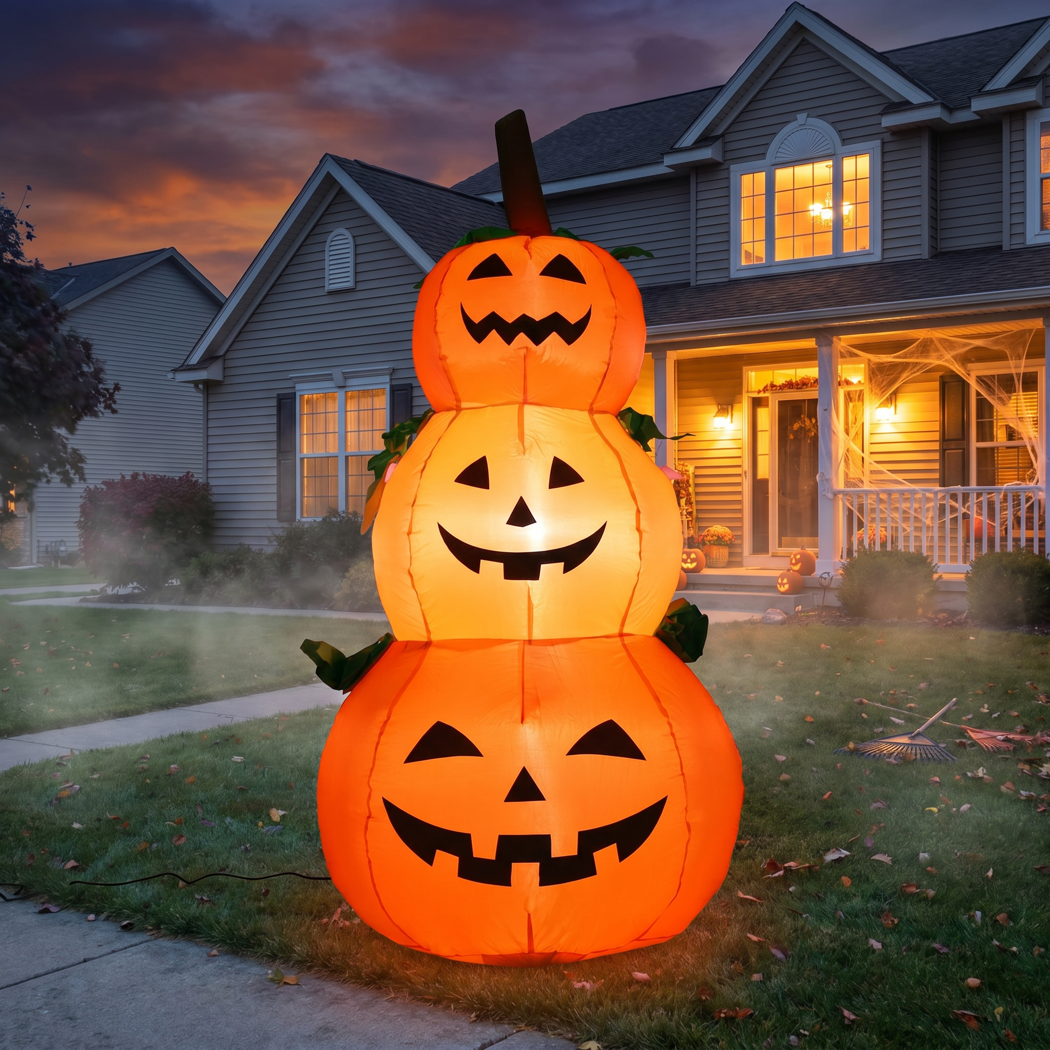 Halloween inflatable stacked pumpkins lit up in front of a house so homeowners can picture it at their own home