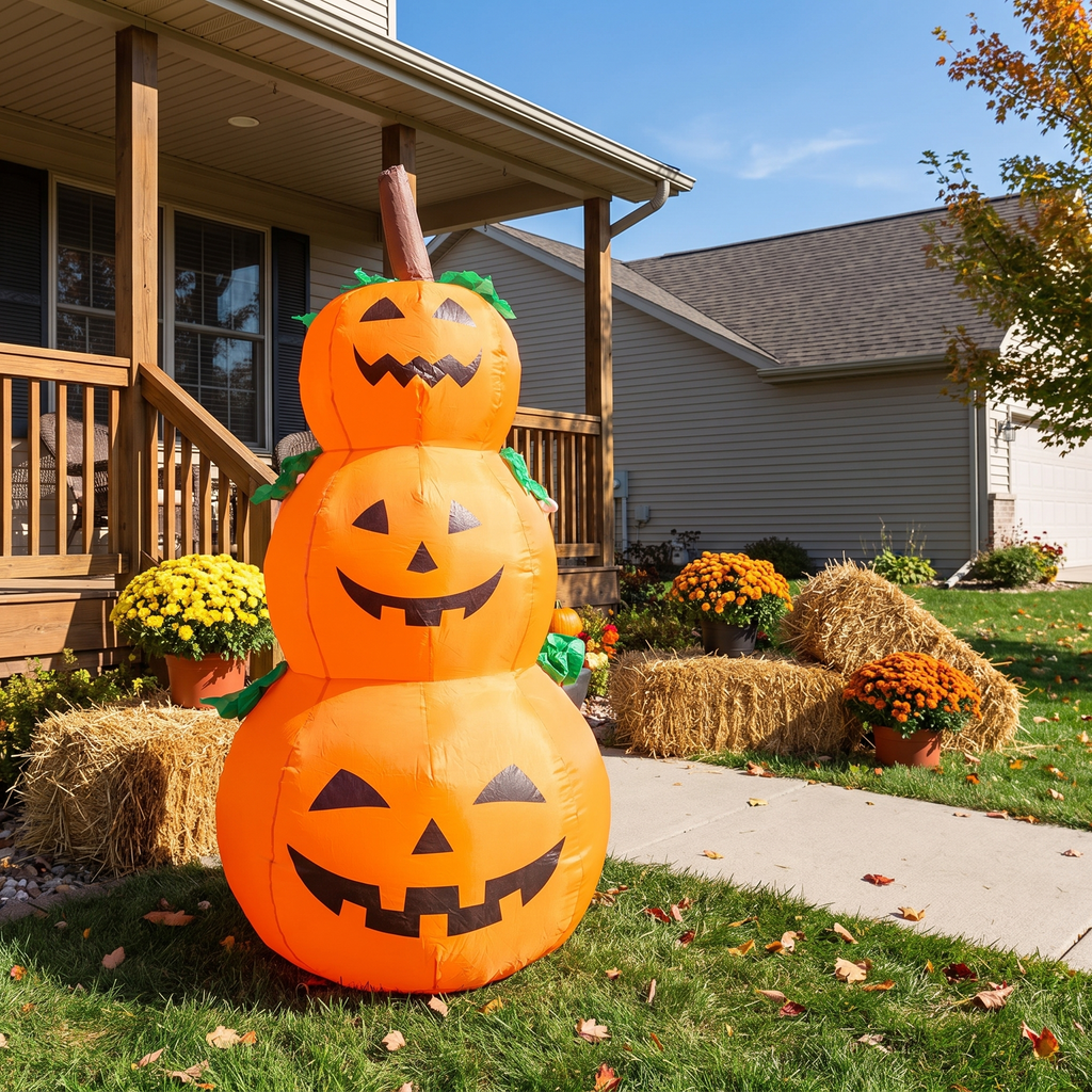 4 ft Halloween inflatable stacked pumpkin tower shown full size by a front porch in daylight, three light-up jack-o-lanterns yard decoration