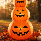 Close up of the glowing carved faces on the 4 ft stacked inflatable Halloween pumpkin tower with warm LED light