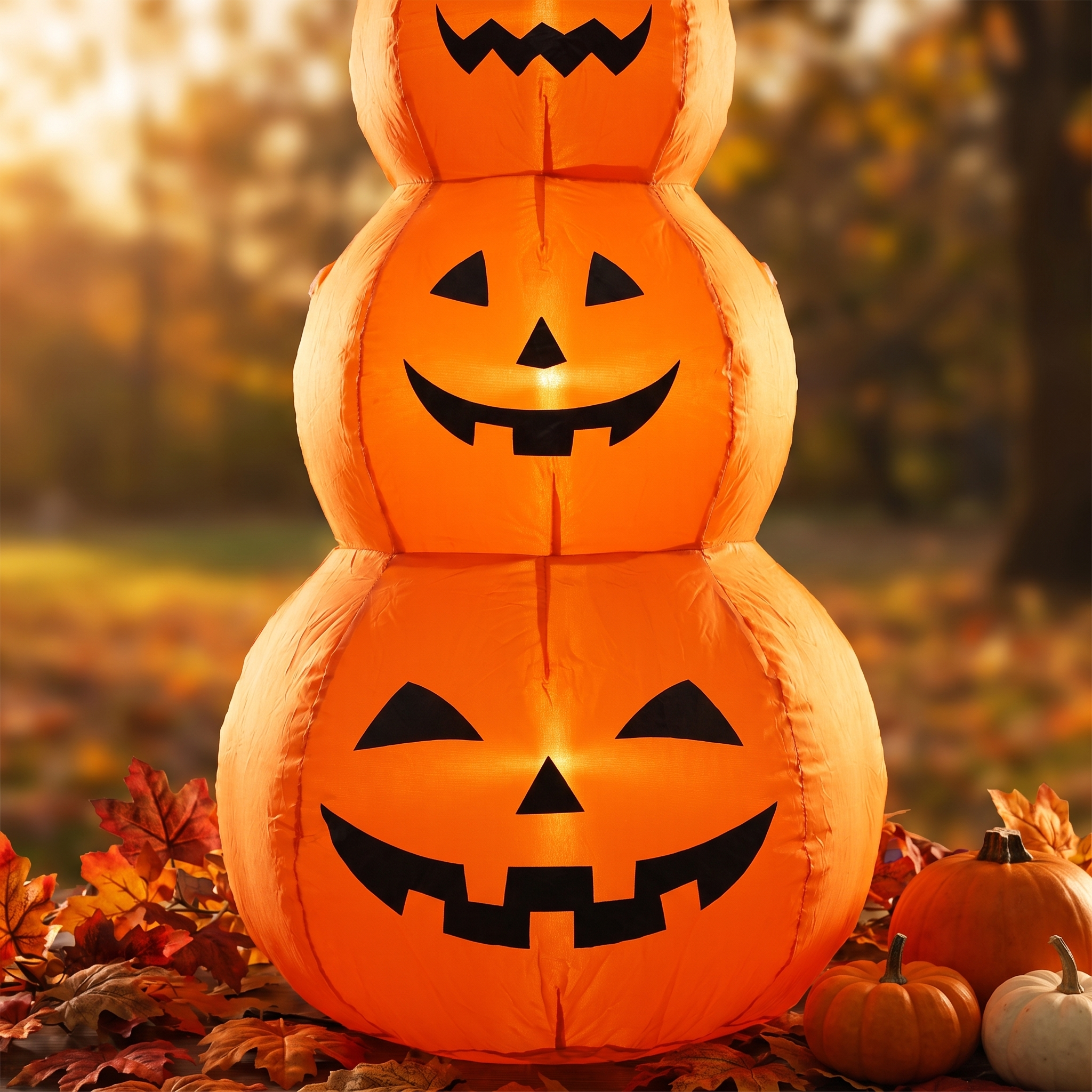 Close up of the glowing carved faces on the 4 ft stacked inflatable Halloween pumpkin tower with warm LED light