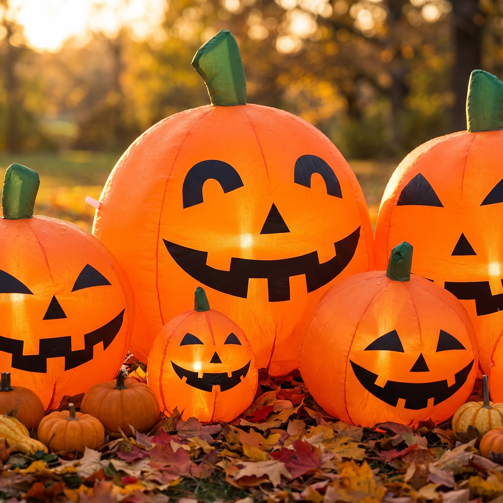Close up of the glowing carved faces on the 7 ft connected inflatable Halloween pumpkins with warm LED light