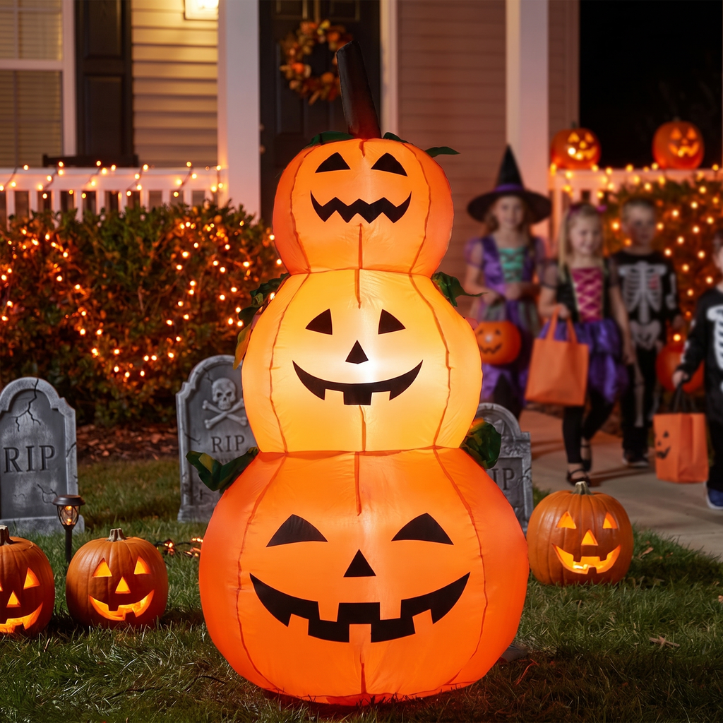 4 ft stacked inflatable pumpkins glowing at night in a decorated Halloween yard, three light-up jack-o-lanterns tower