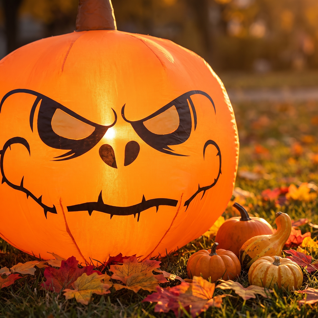 Close up of the glowing carved face on the 4 ft inflatable Halloween pumpkin with warm LED light