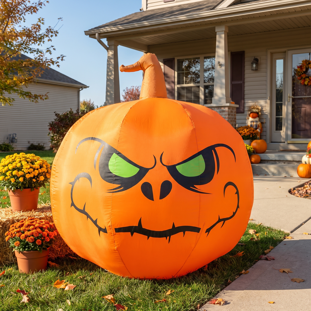 4 ft Halloween inflatable pumpkin shown full size by a front porch walkway in daylight, light-up jack-o-lantern yard decoration