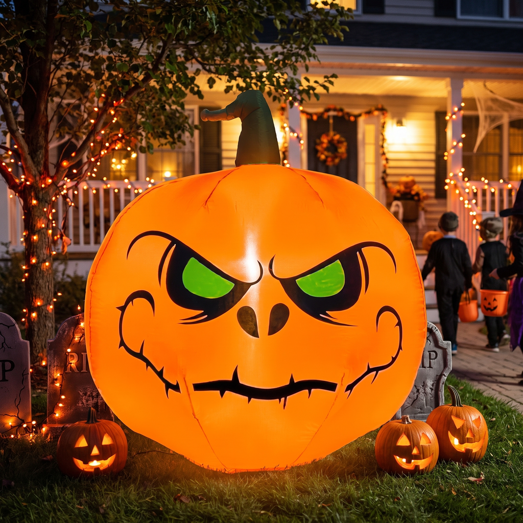 4 ft inflatable jack-o-lantern glowing at night in a decorated Halloween yard, light-up pumpkin decoration