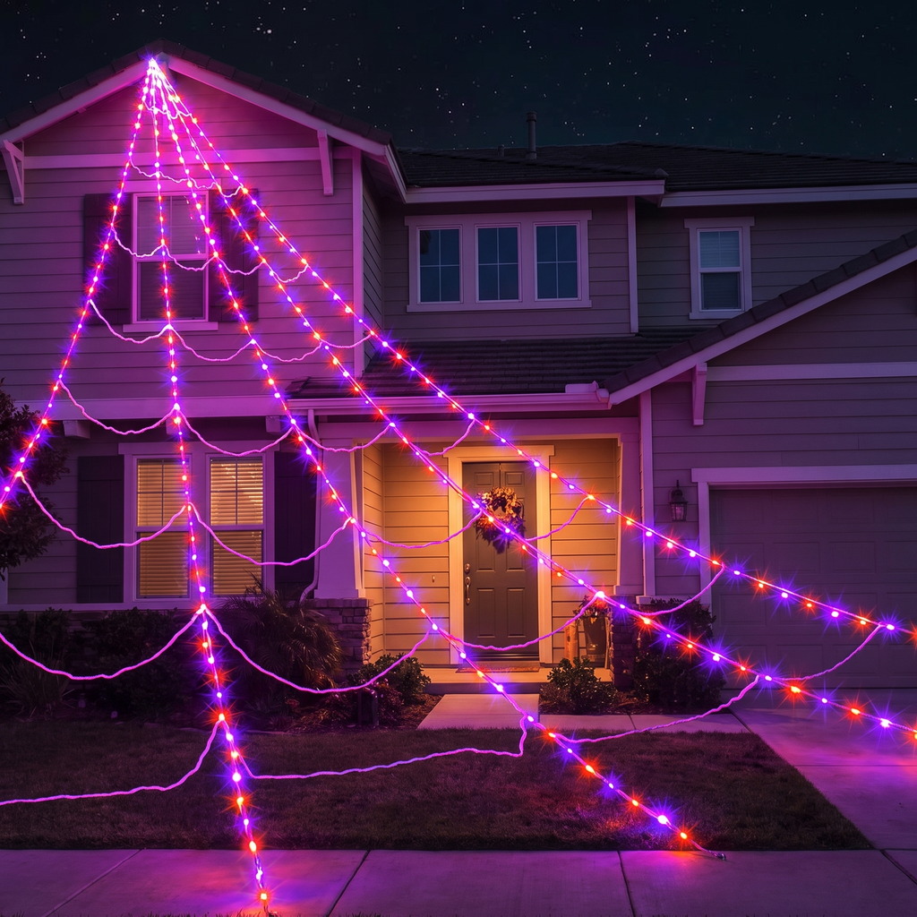 Giant Halloween spider web lights glowing purple and orange across the front of a house at night