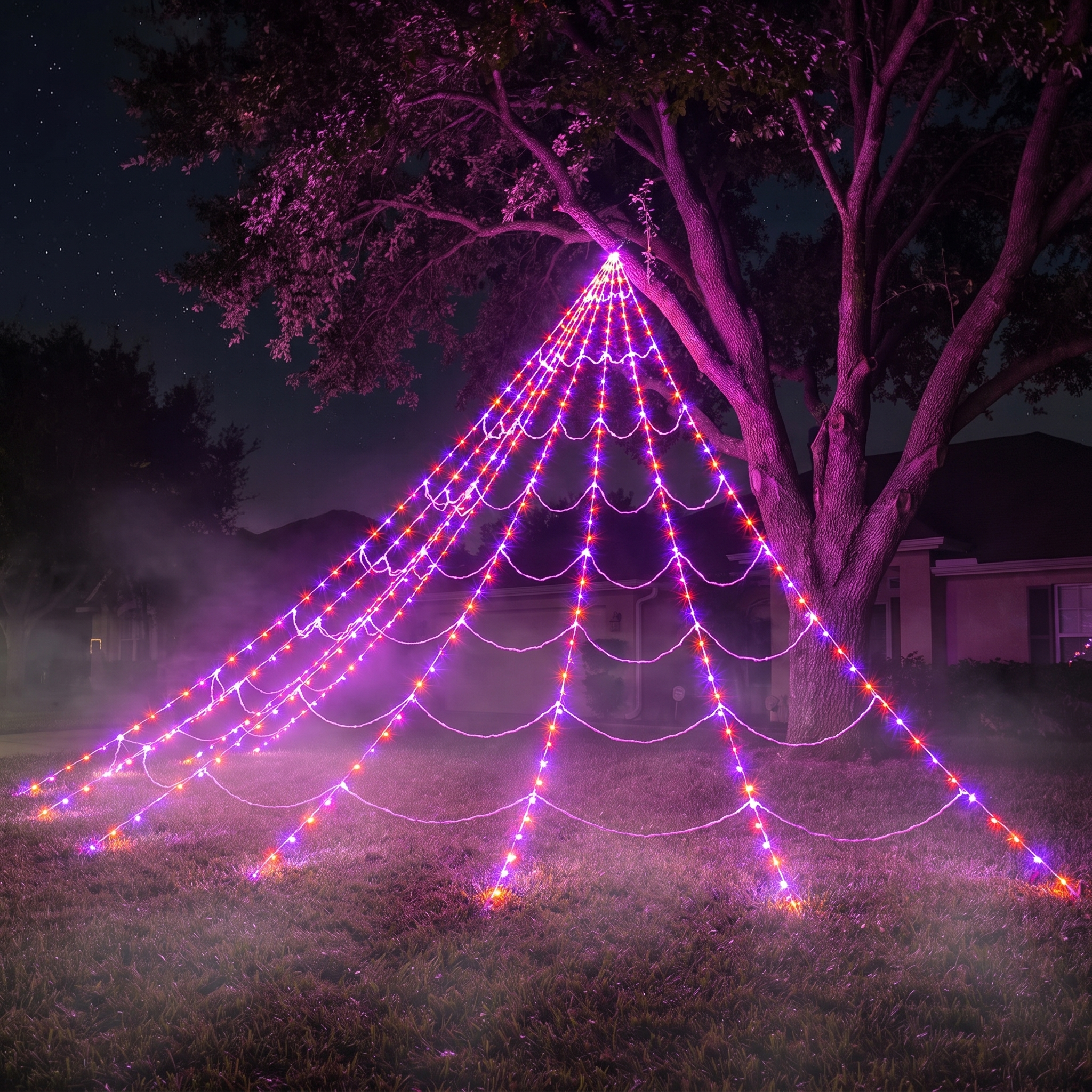Giant light-up spider web across a tree and lawn in a front yard at night with fog