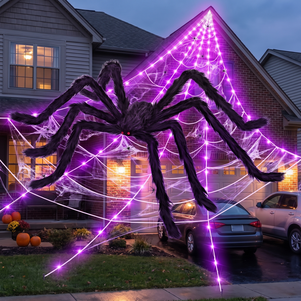 Halloween light-up spider web with giant spider on the front of a suburban house at dusk