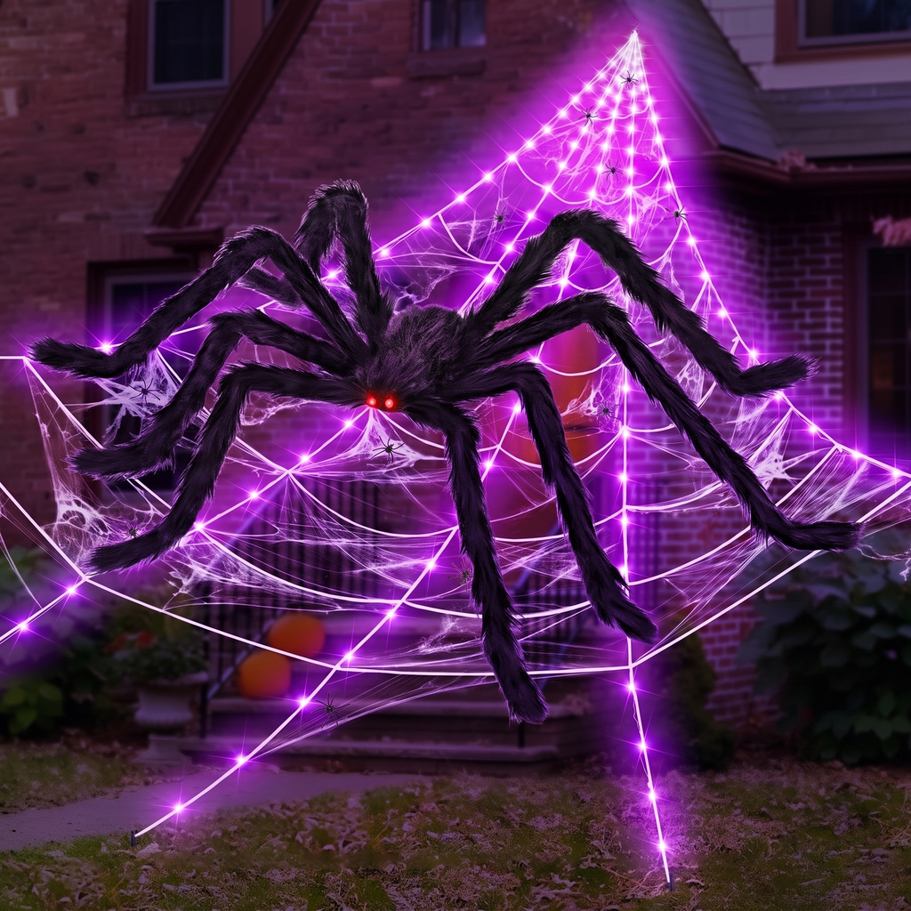Close up of glowing purple LED spider web strands and fuzzy giant spider with red eyes