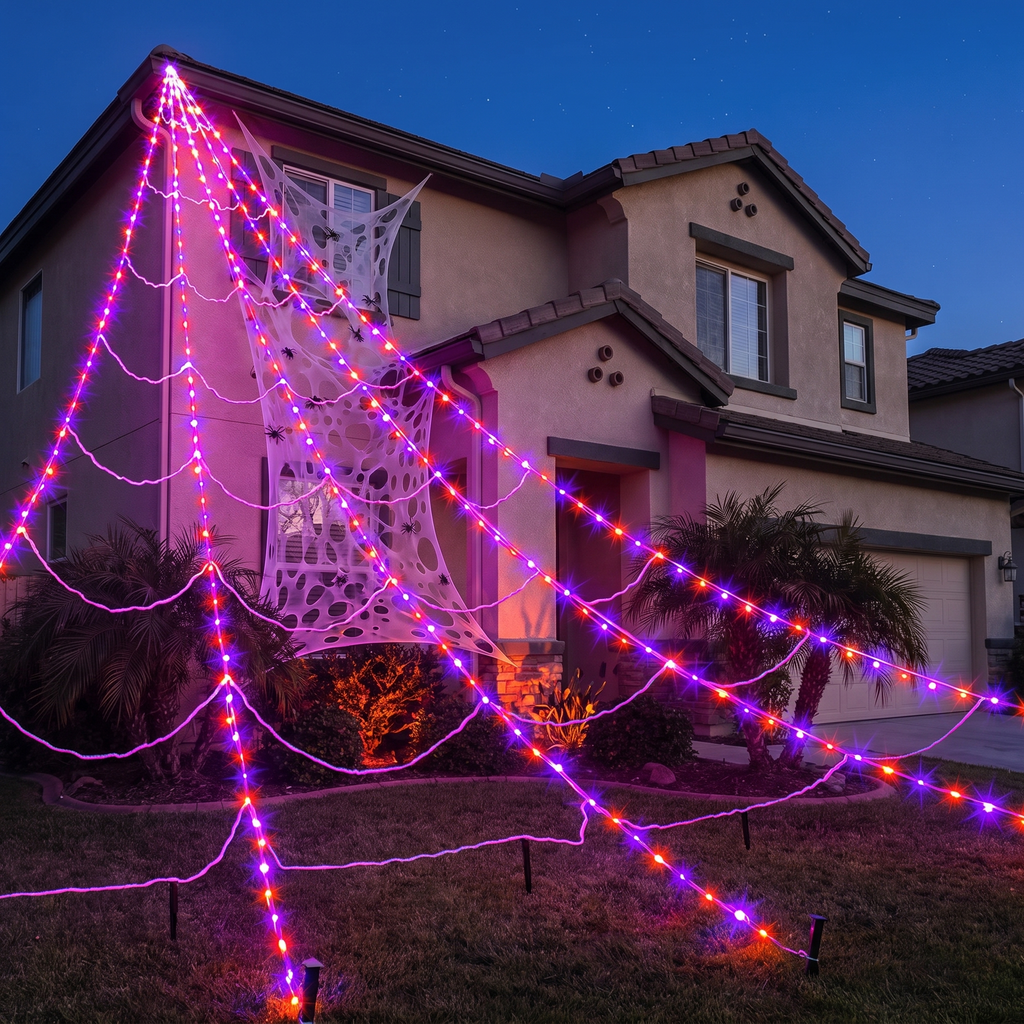 Giant Halloween spider web lights stretched over the front yard of a house at dusk