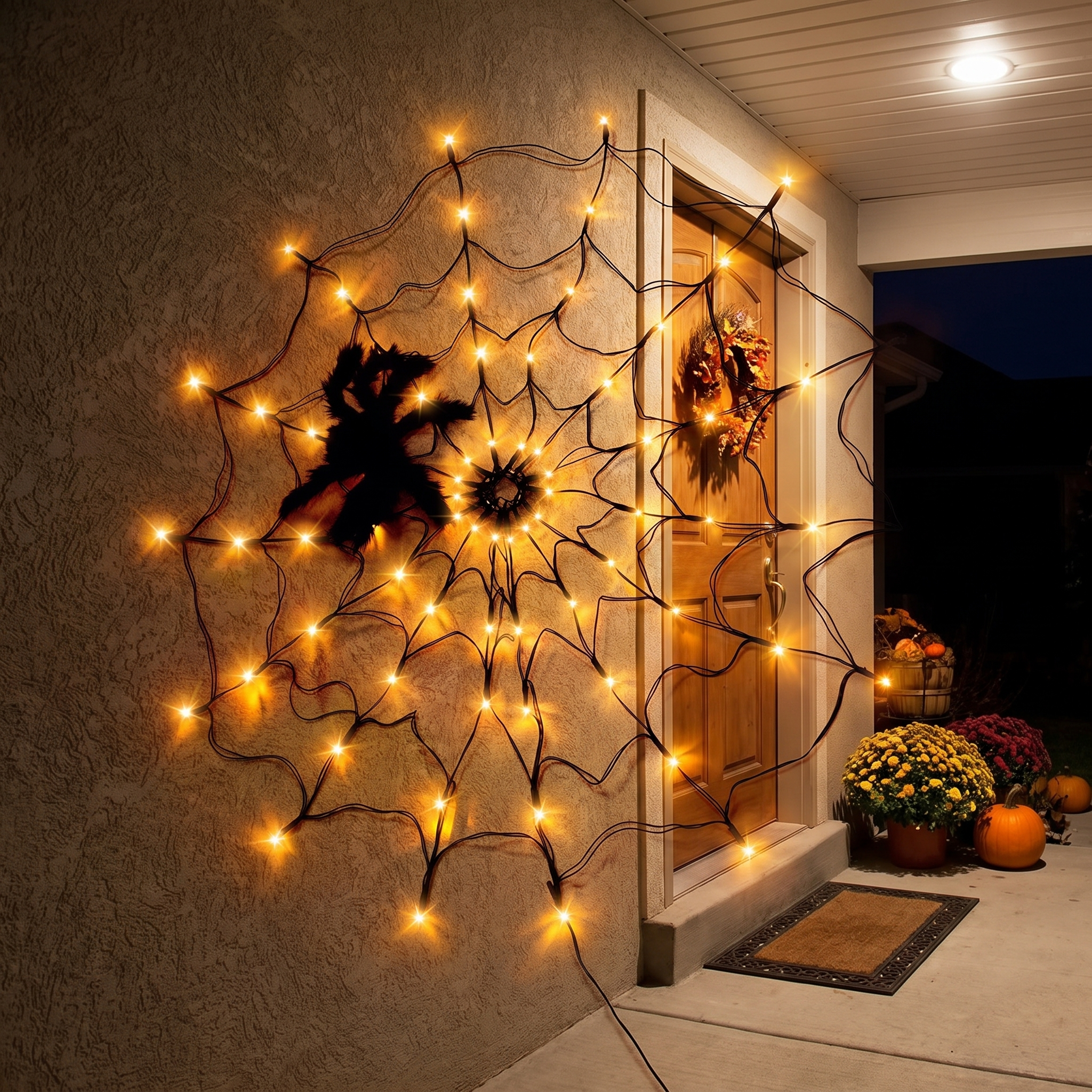 4 foot Halloween spider web with black spider and LED lights glowing beside a front door at night