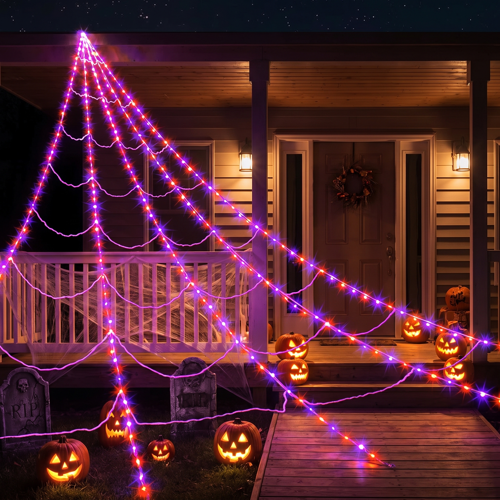 Halloween spider web lights over a porch railing with pumpkins at night