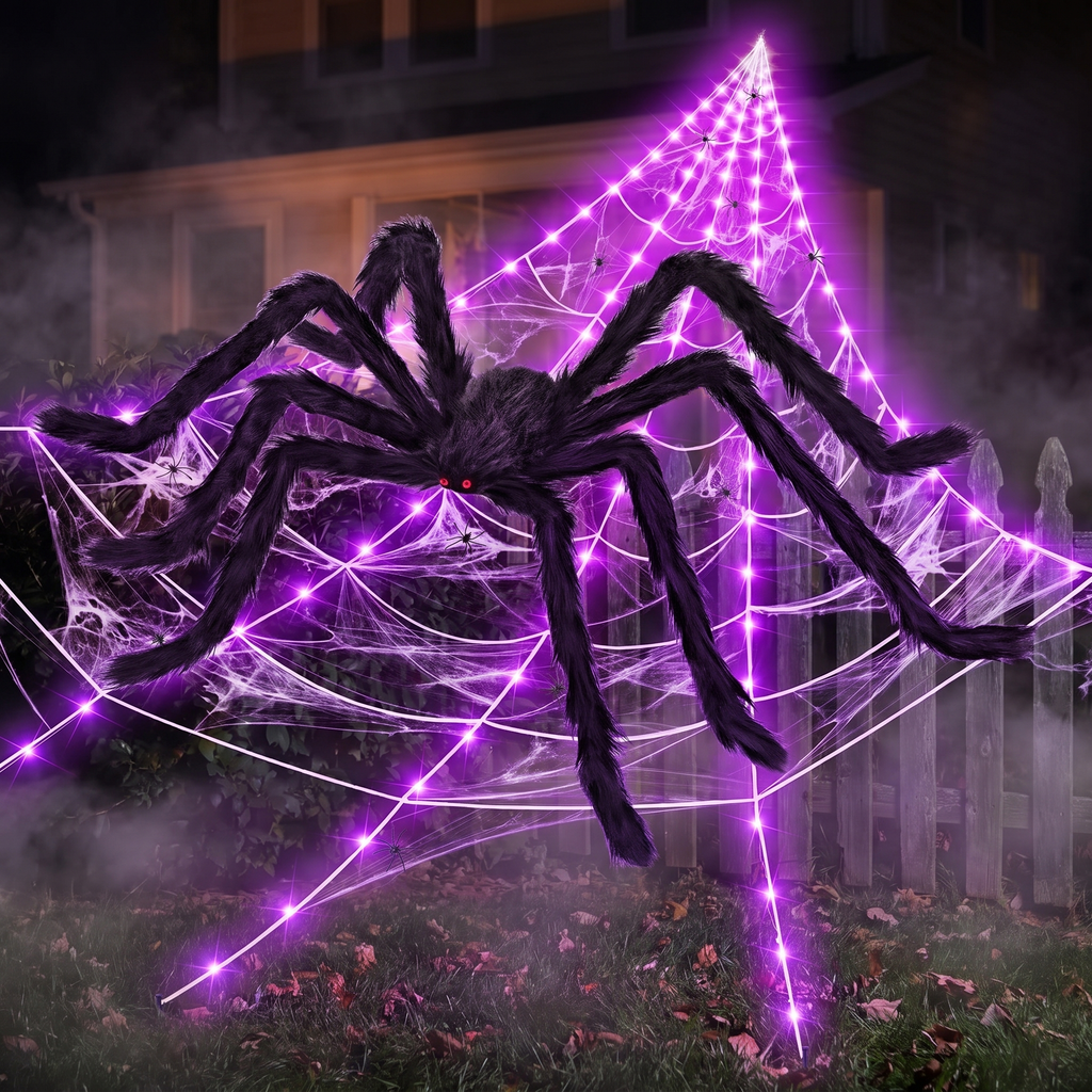 Light-up Halloween spider web draped over bushes in a front yard at night with fog