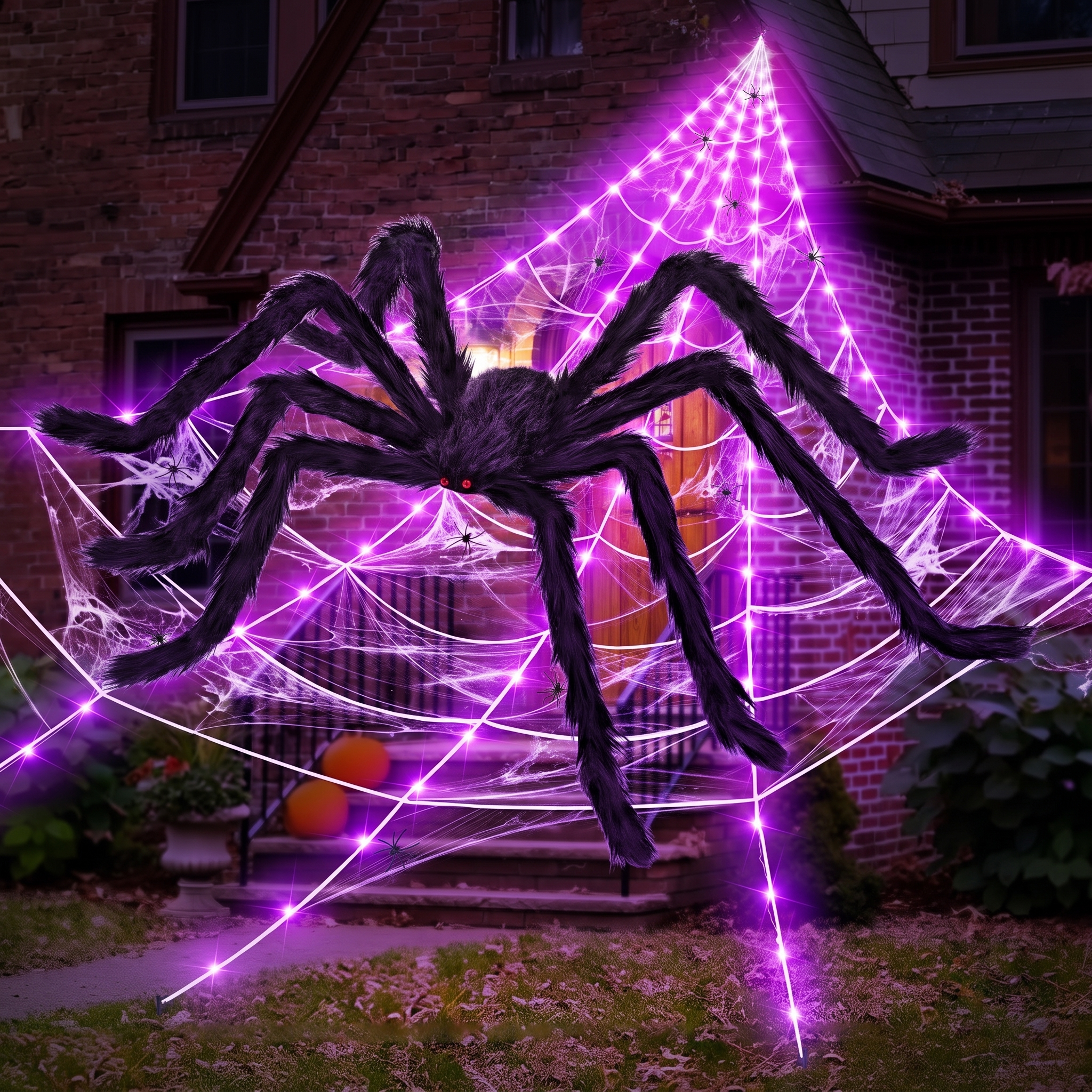 Halloween light-up spider web with giant 59 inch spider glowing purple on a house porch at night