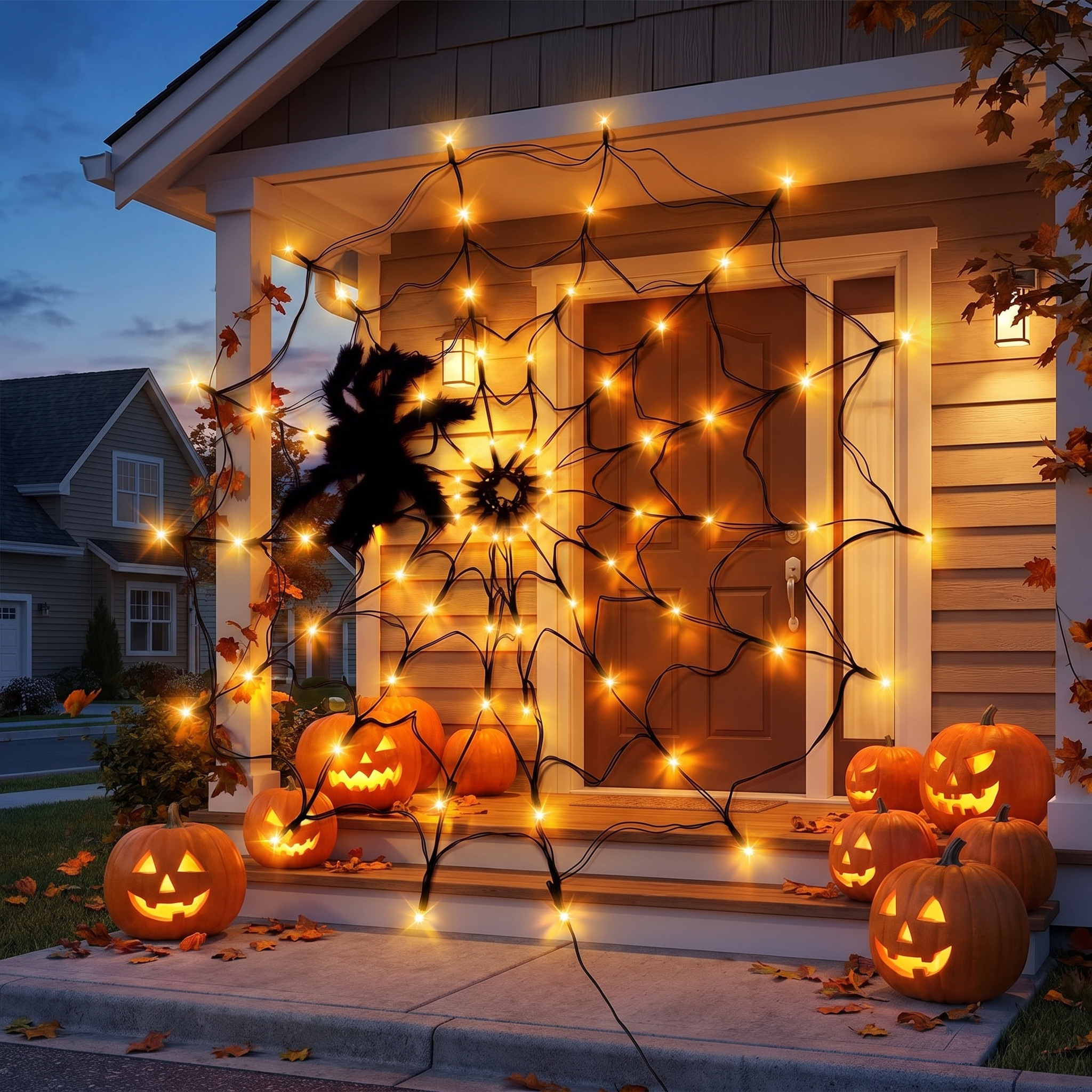 4 foot Halloween spider web with black spider above a front door of a house at dusk