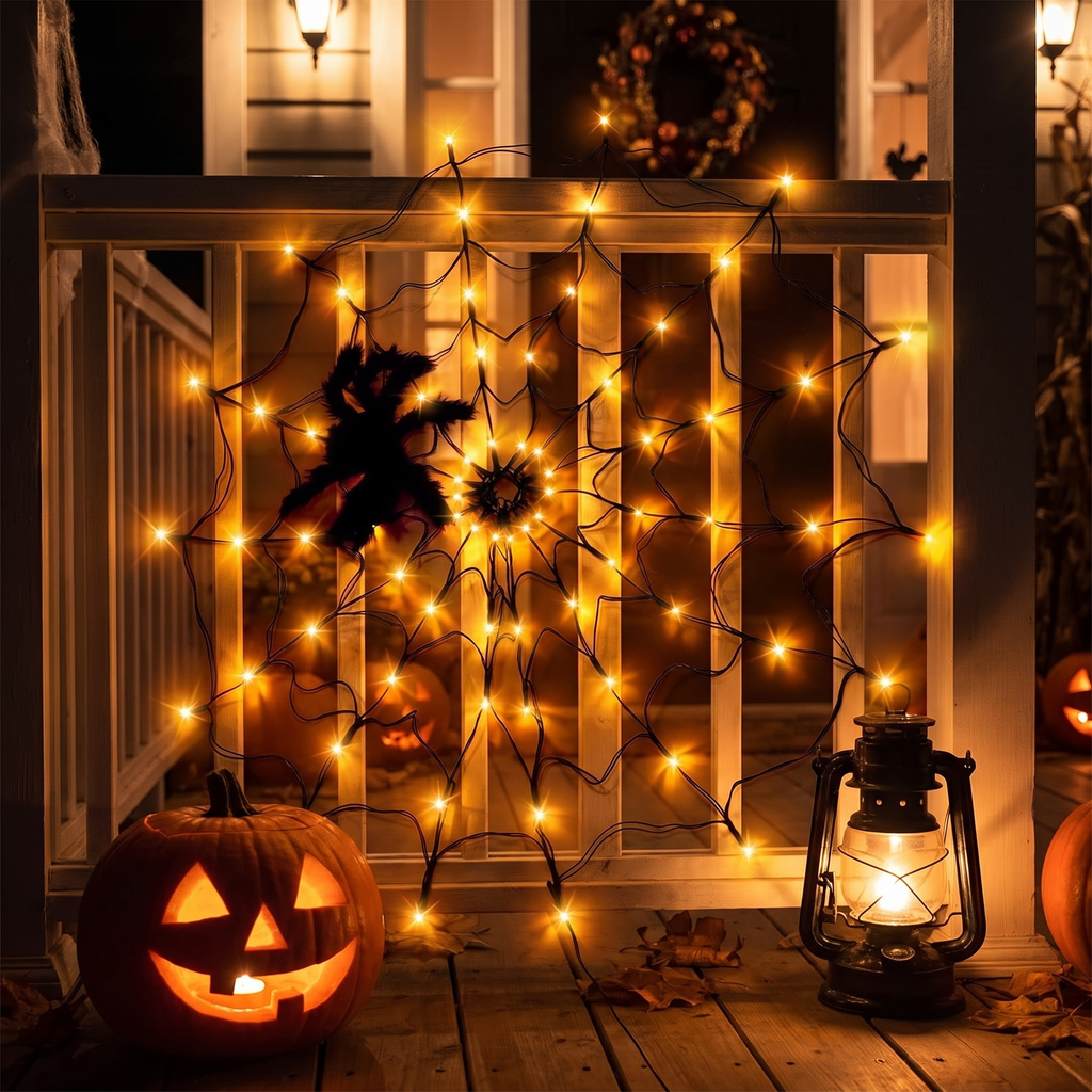 Halloween spider web lights on a decorated porch with a carved pumpkin at night