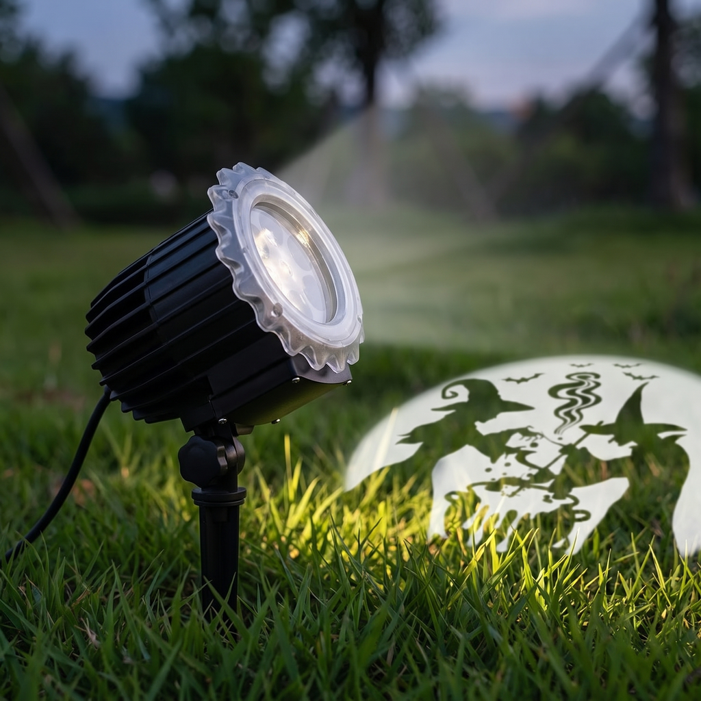 Close up of the black Halloween projector light on a ground stake in grass
