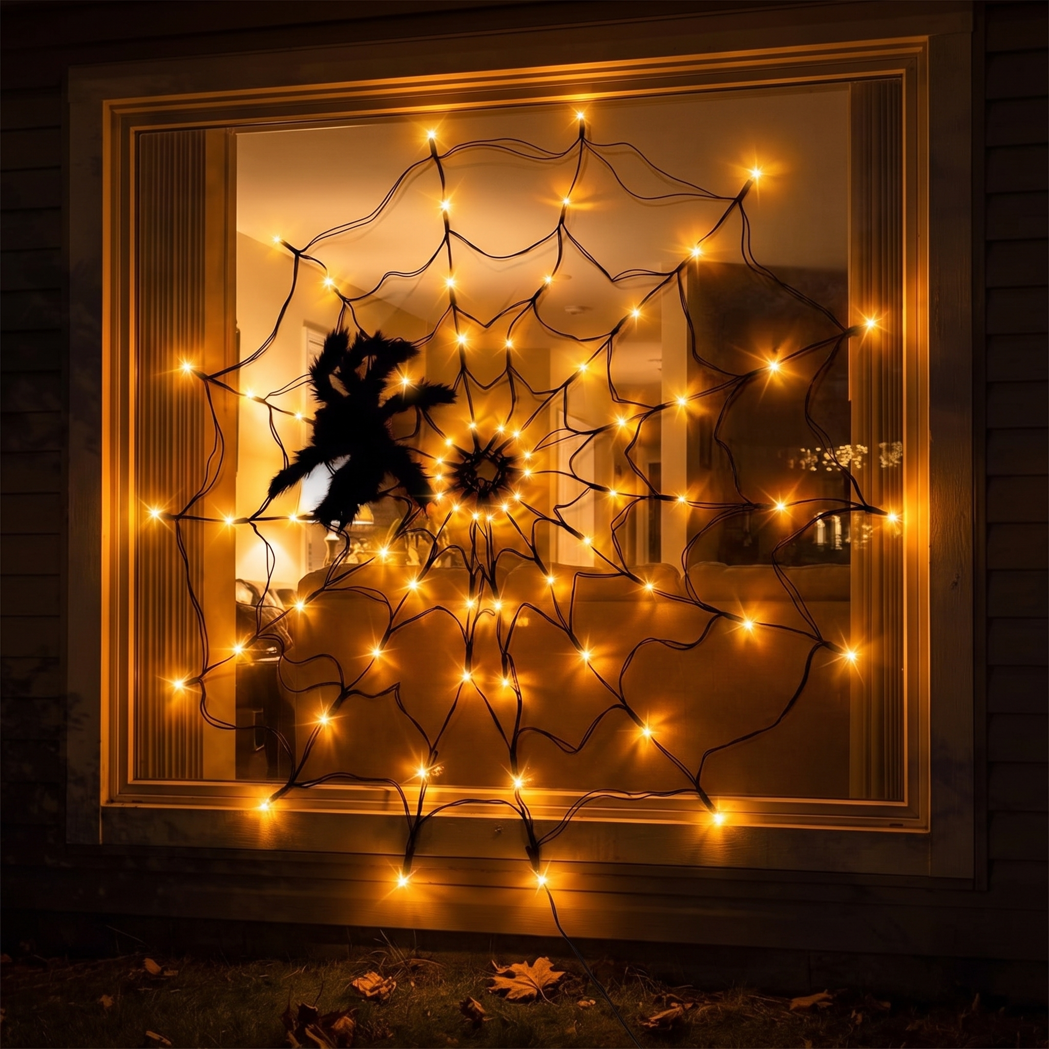 4 foot Halloween spider web with spider glowing in a house window at night