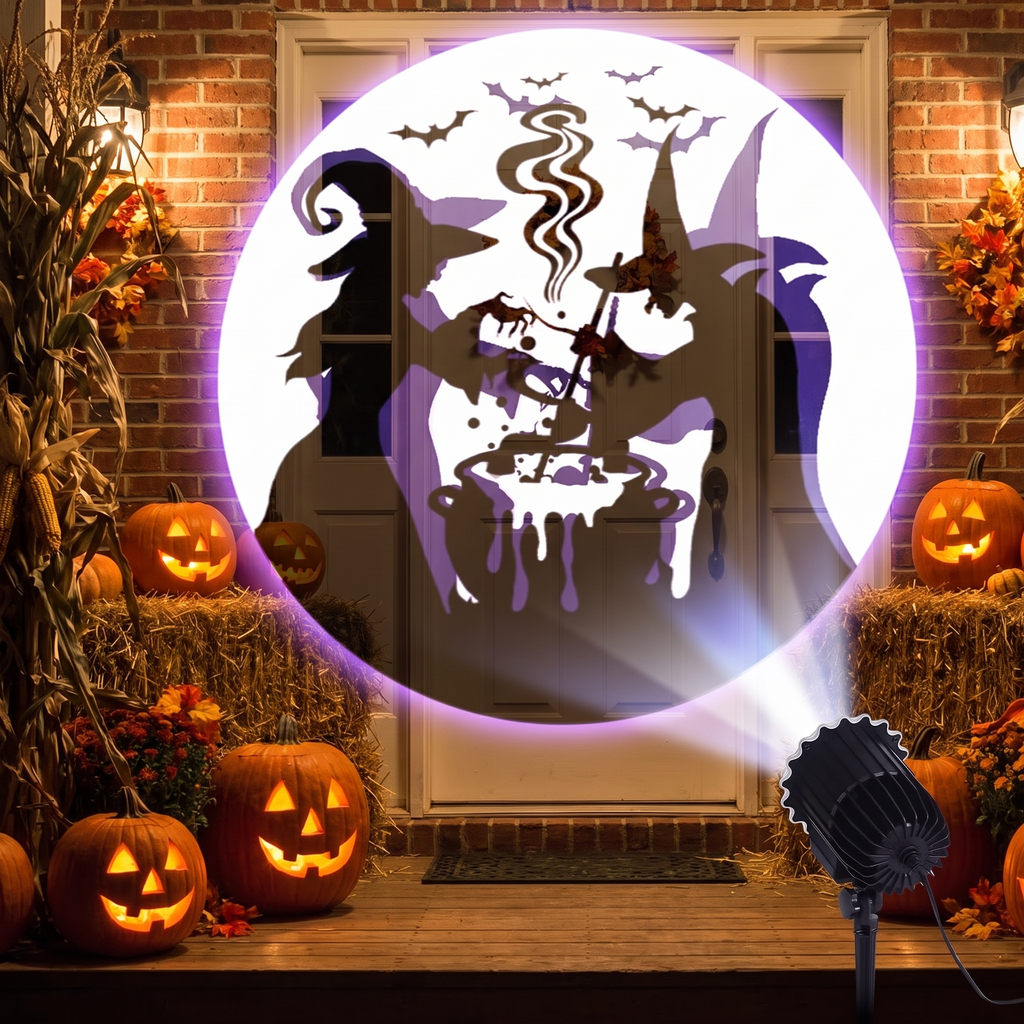 Halloween projector casting witch and bat patterns on a decorated porch with pumpkins