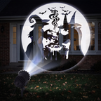 Halloween projector patterns projected onto a front window and door of a house at night