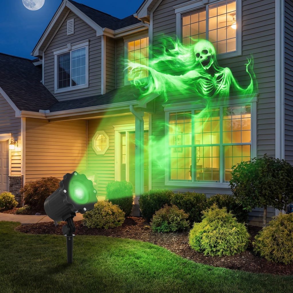 Halloween projector staked in a front yard projecting ghost patterns onto a house at night