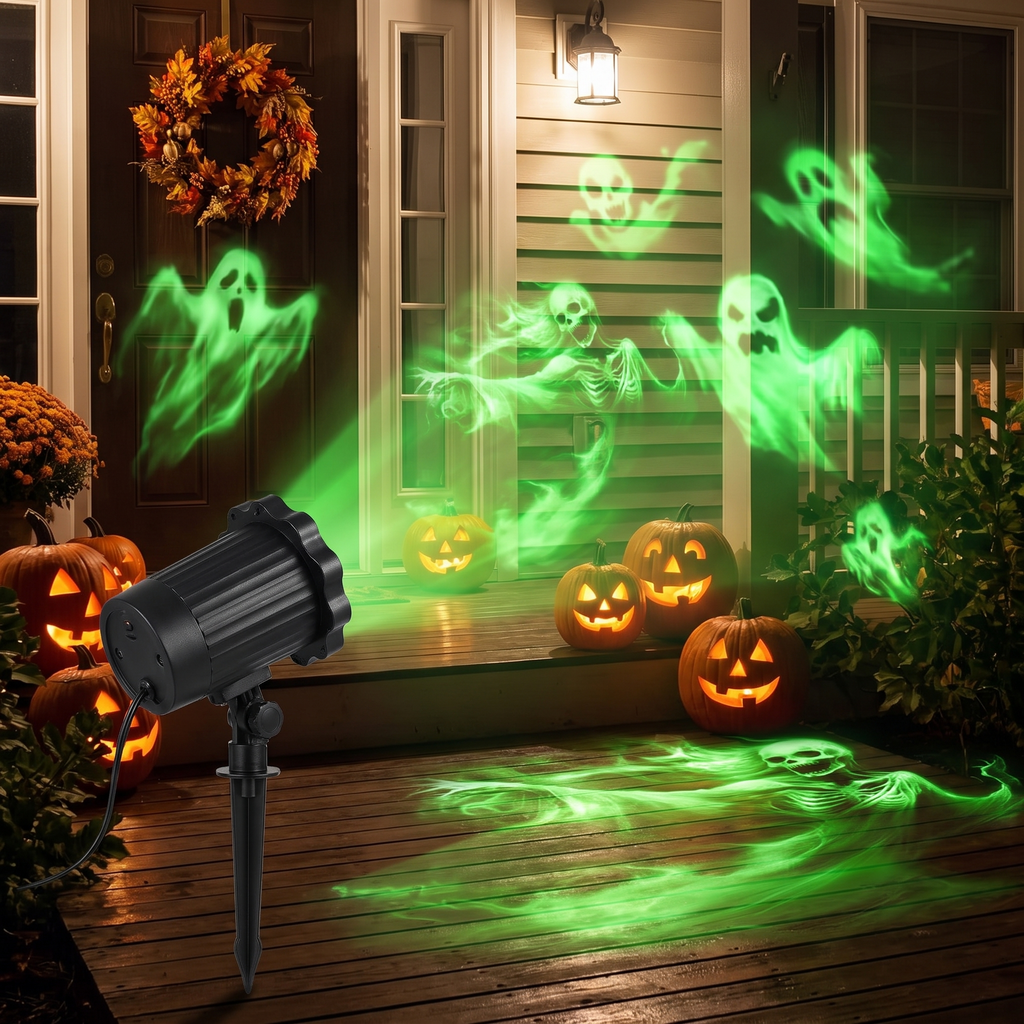 Halloween projector casting ghost and skull patterns on a decorated porch at night