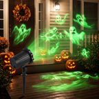 Halloween projector casting ghost and skull patterns on a decorated porch at night