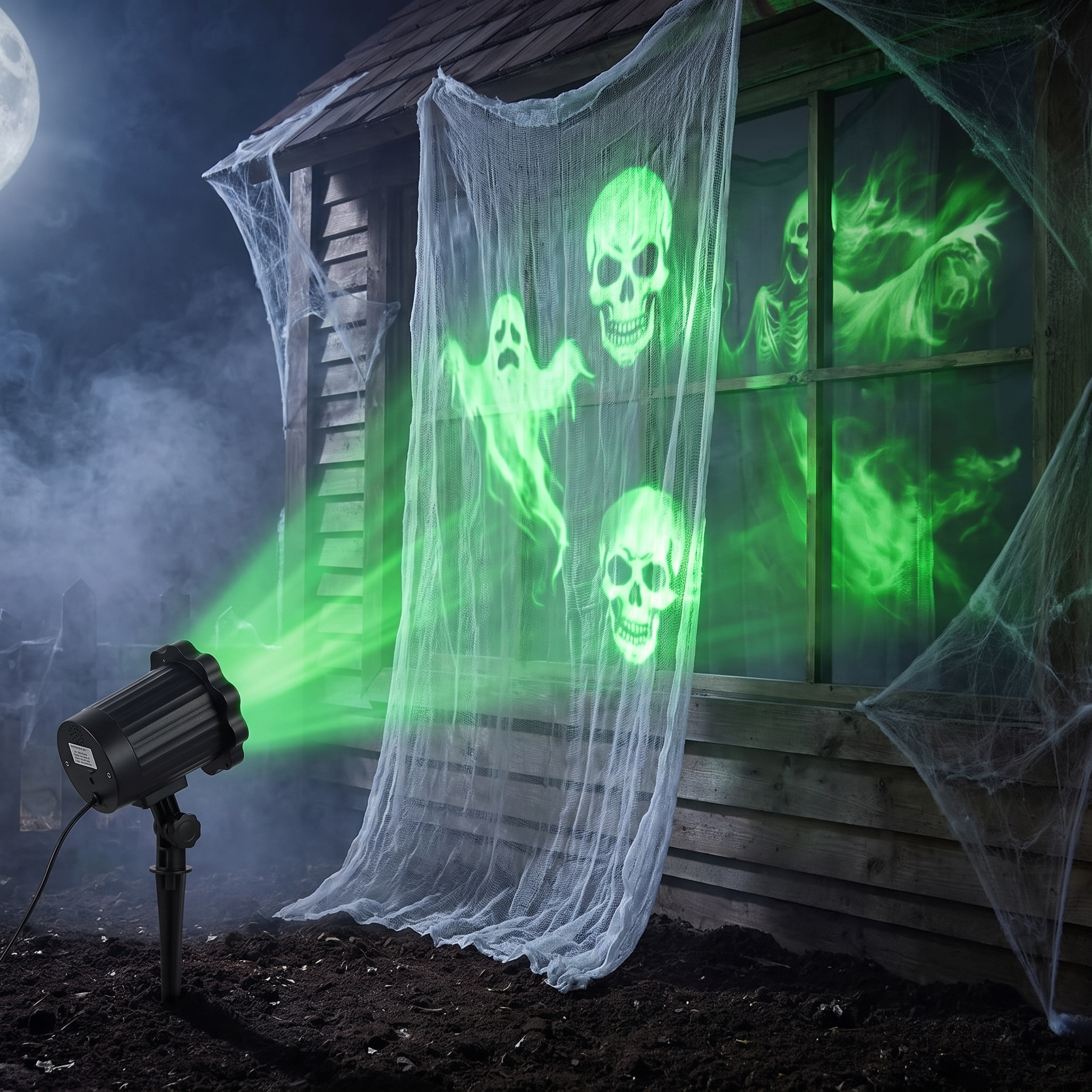 Halloween ghost projector patterns projected onto sheer white gauze and a window at night