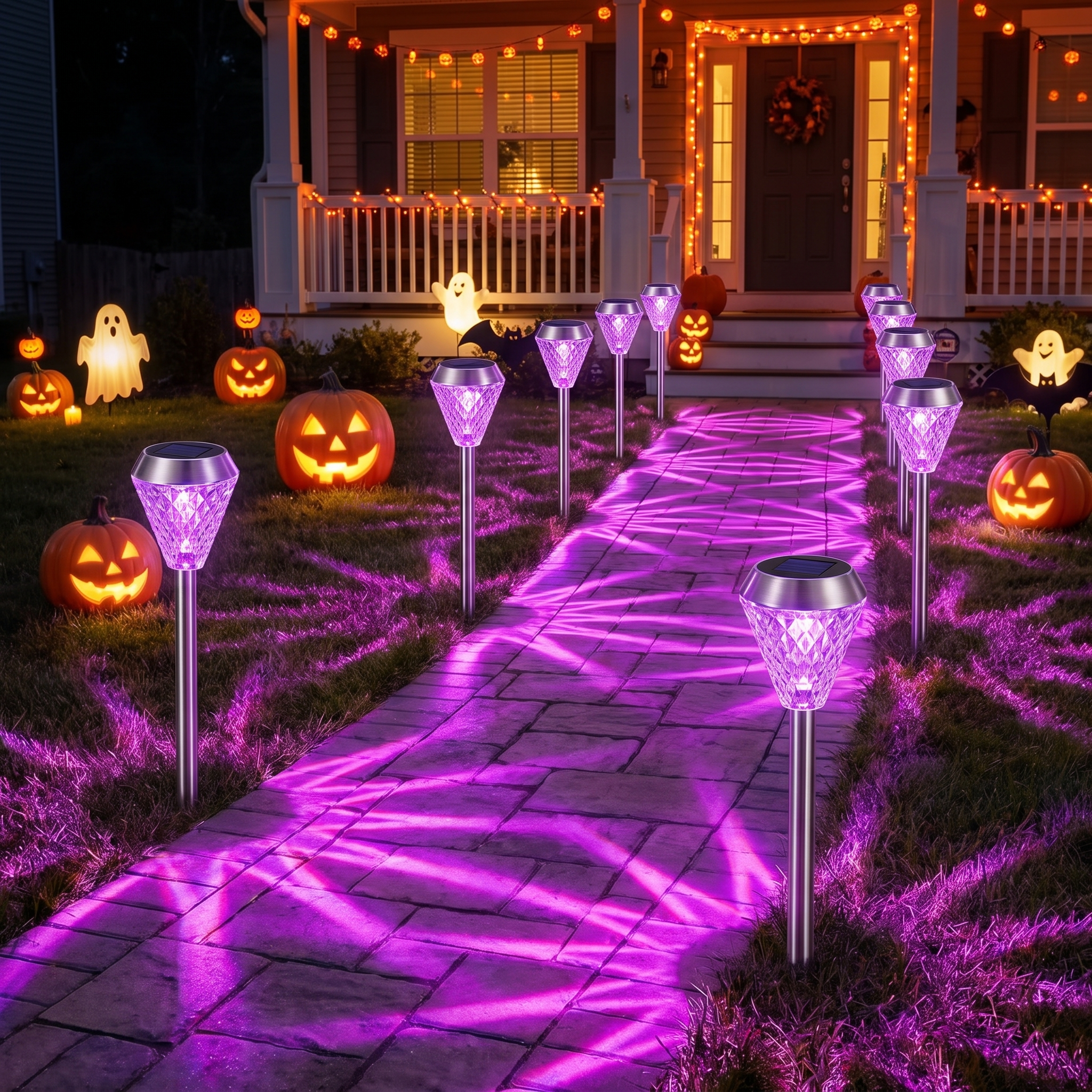 Purple solar Halloween pathway stake lights glowing along a front walkway at night