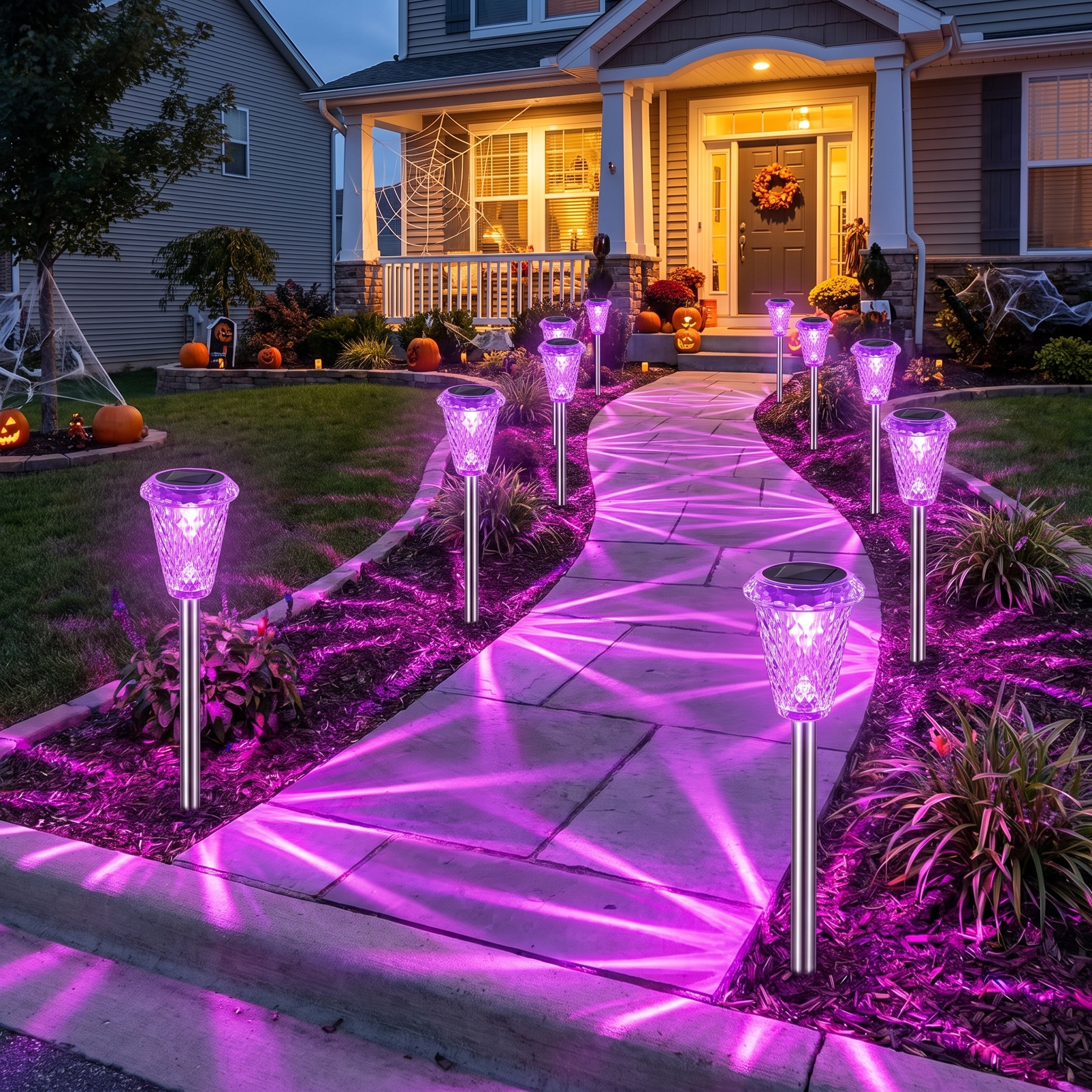Purple solar Halloween pathway lights lining a path to a decorated house at dusk