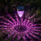 Close up of a single glowing purple diamond acrylic solar stake light in a garden at night