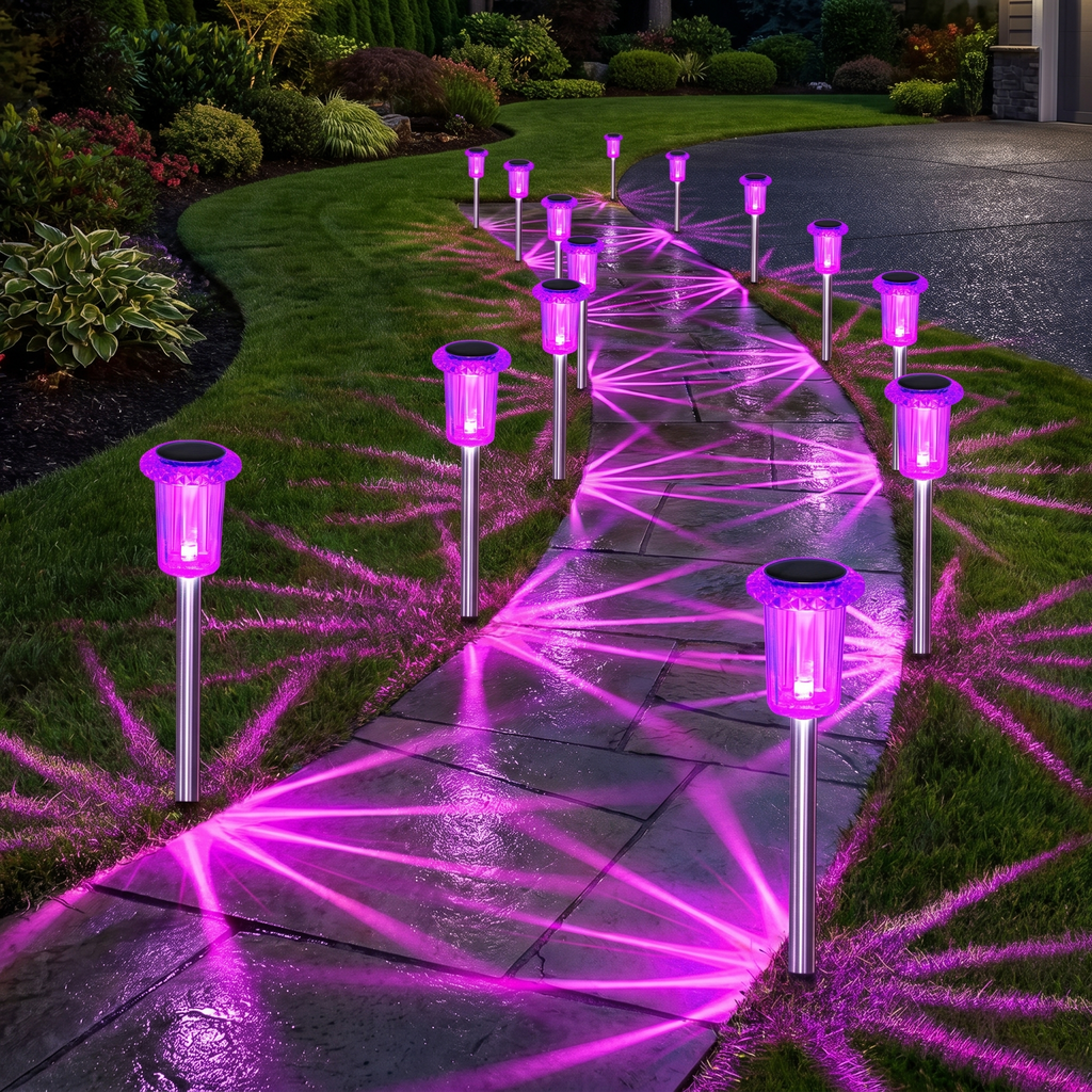 Row of purple solar stake lights lining a driveway and garden at night