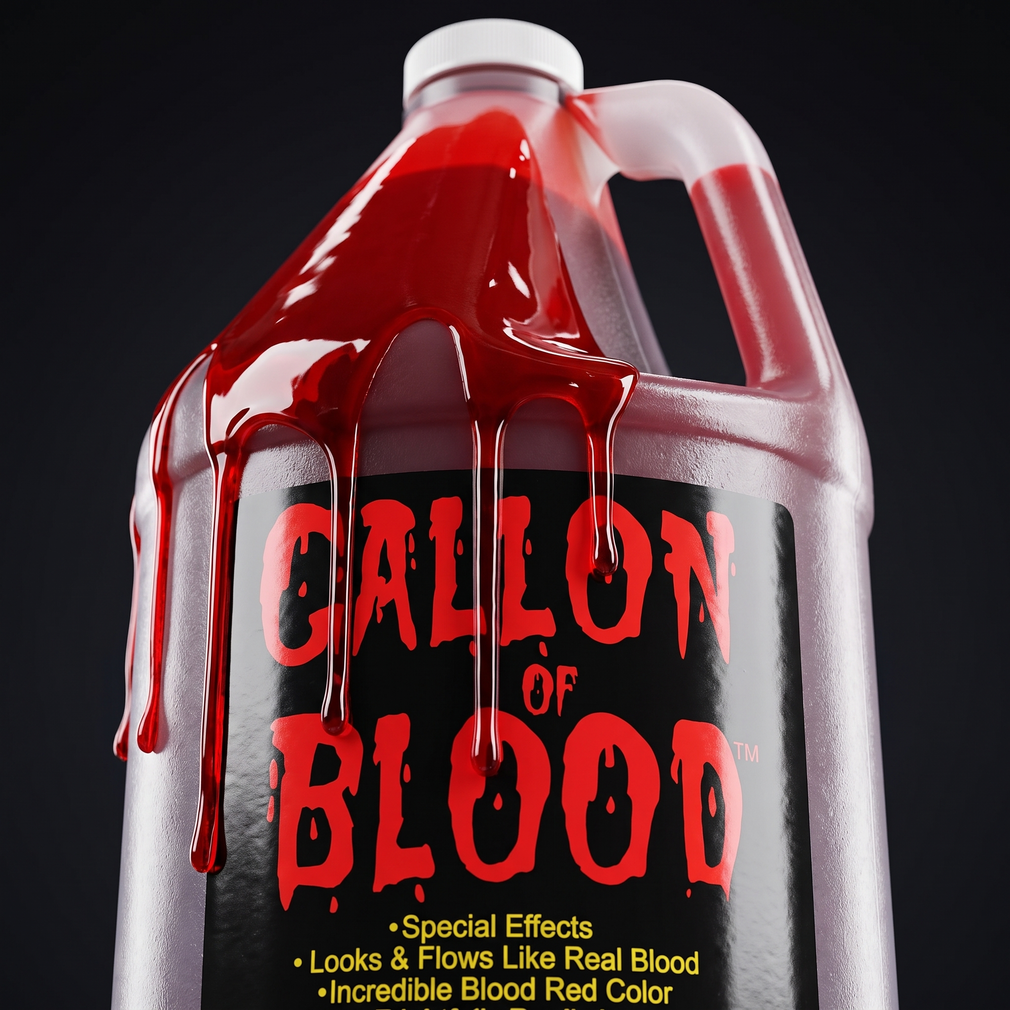 Close up of the stage blood gallon jug label with red blood dripping