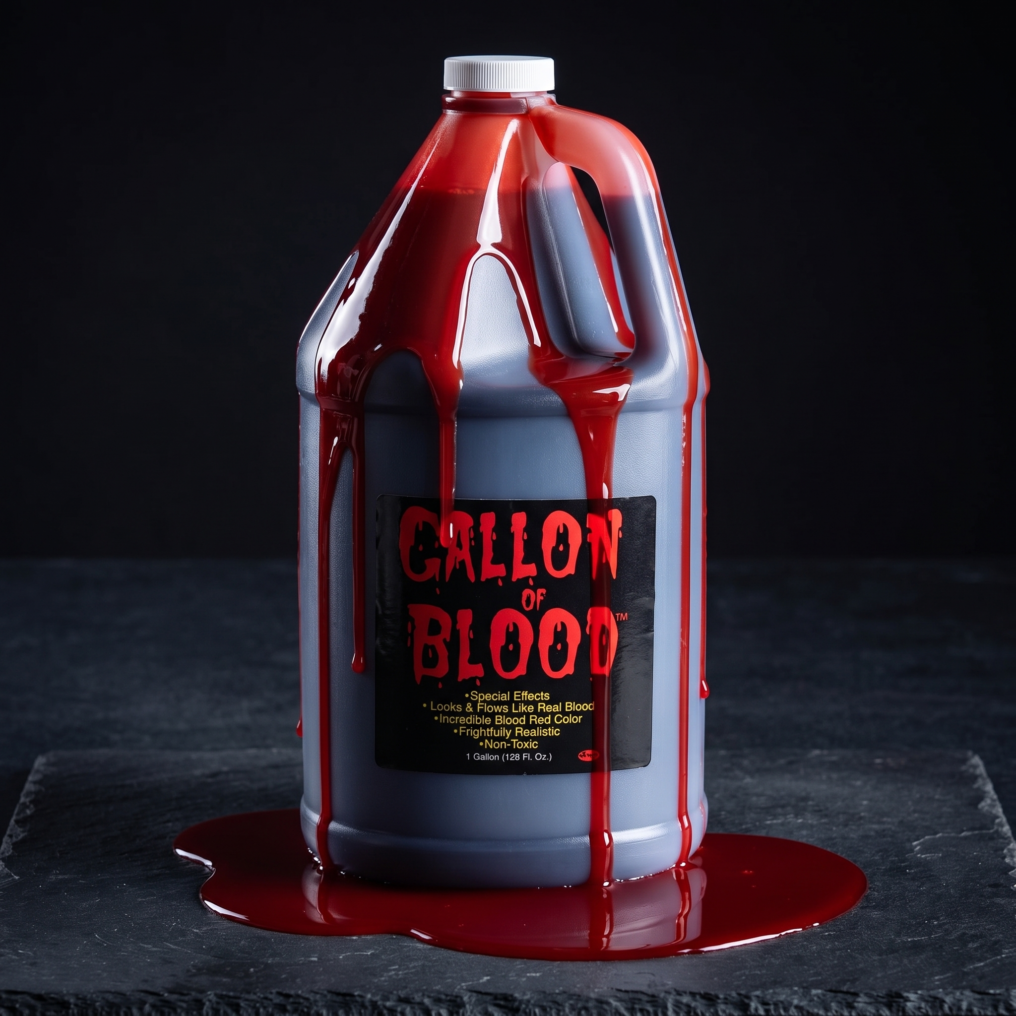 1 gallon jug of realistic stage blood with red blood dripping, dramatic product shot