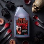 Halloween fake blood in an SFX makeup kit flat lay with brushes and skull