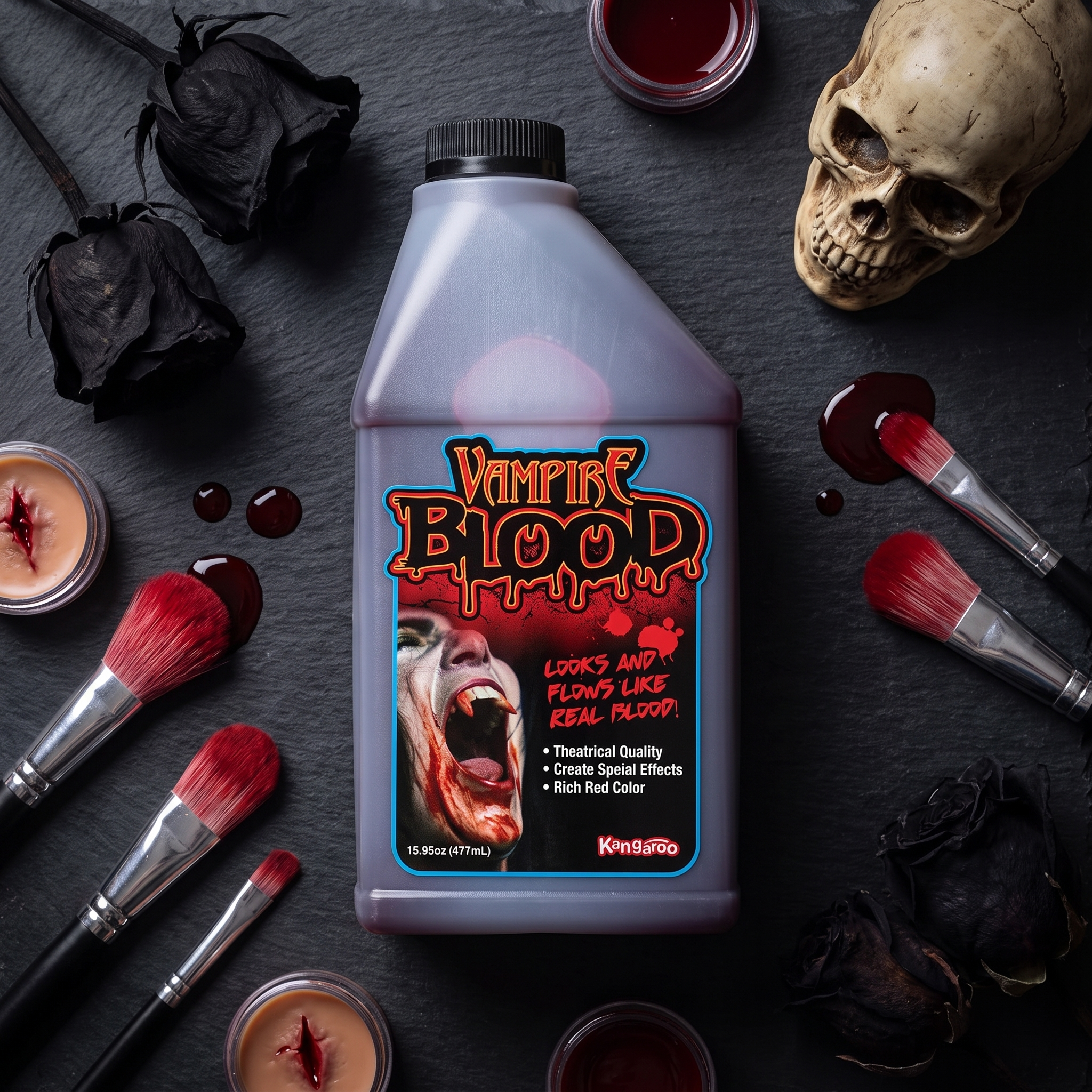 Halloween fake blood in an SFX makeup kit flat lay with brushes and skull