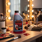 Halloween fake blood bottle on an SFX makeup vanity with brushes and mirror
