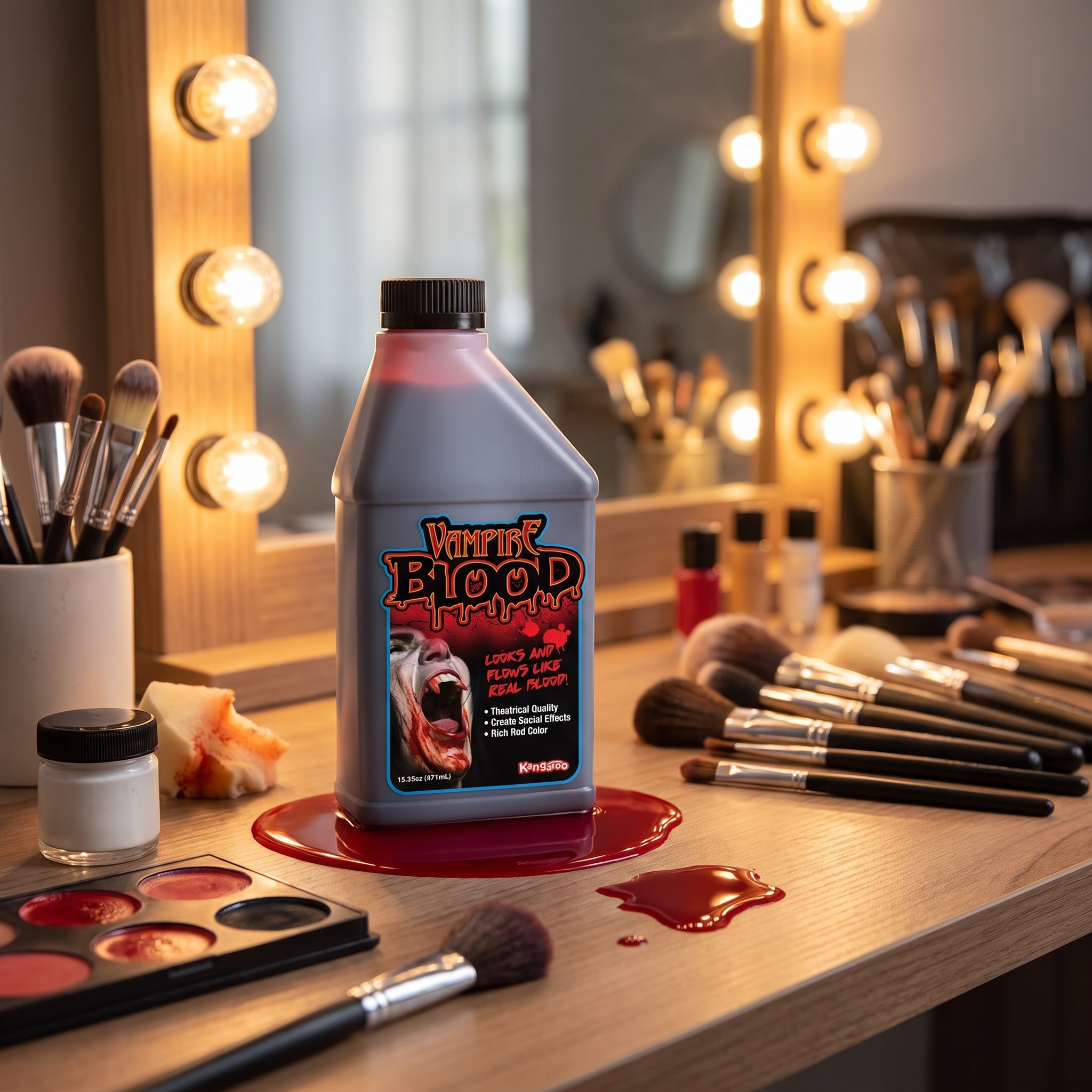 Halloween fake blood bottle on an SFX makeup vanity with brushes and mirror