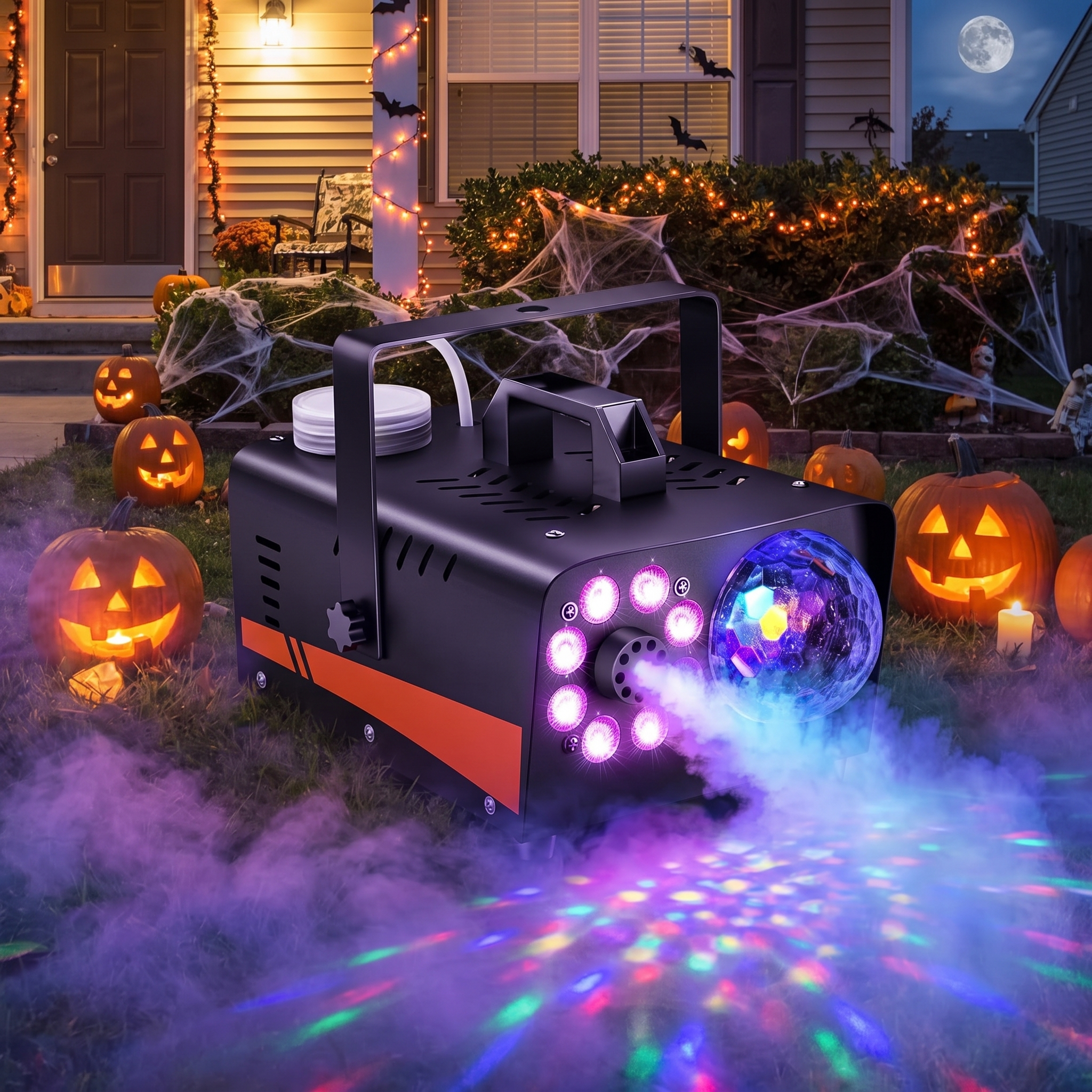800W fog machine pumping low fog across a decorated Halloween yard at night