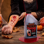 Halloween fake blood bottle with a model arm showing realistic applied wounds