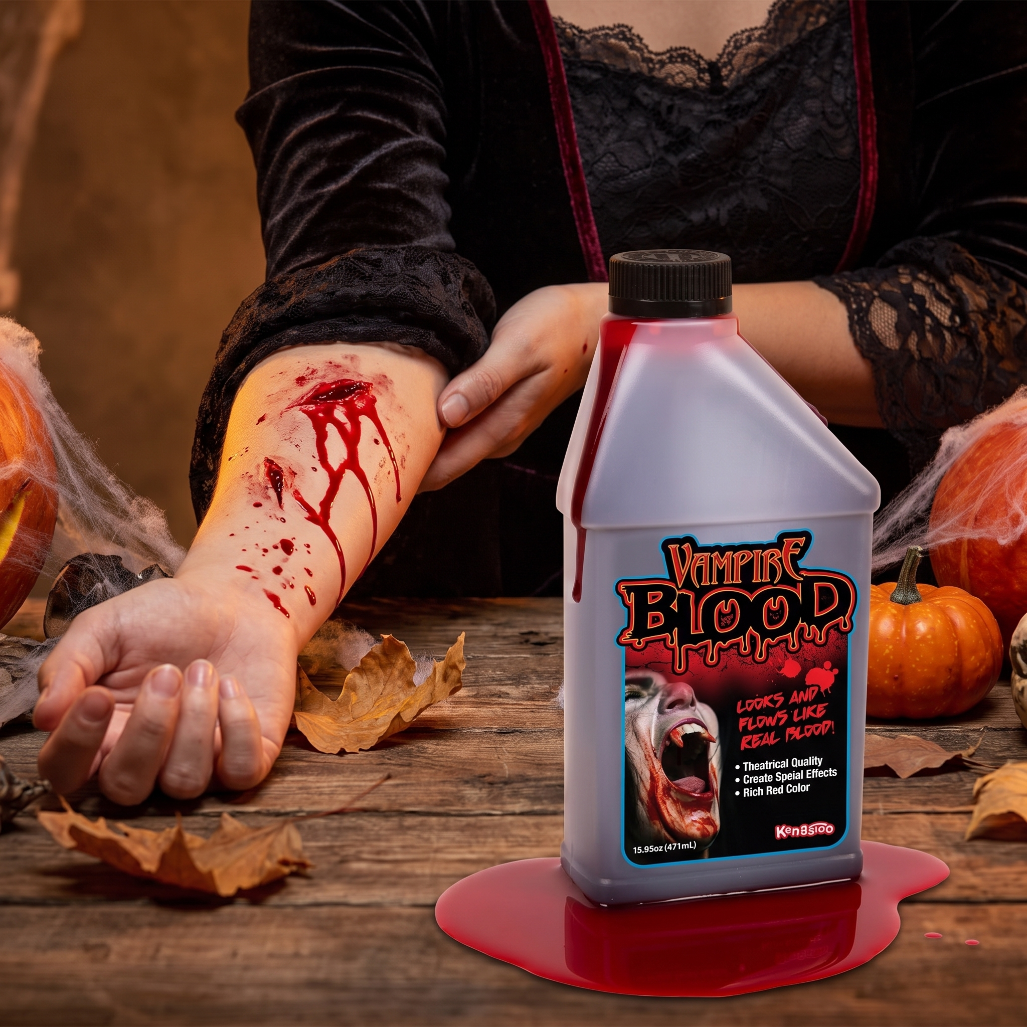 Halloween fake blood bottle with a model arm showing realistic applied wounds