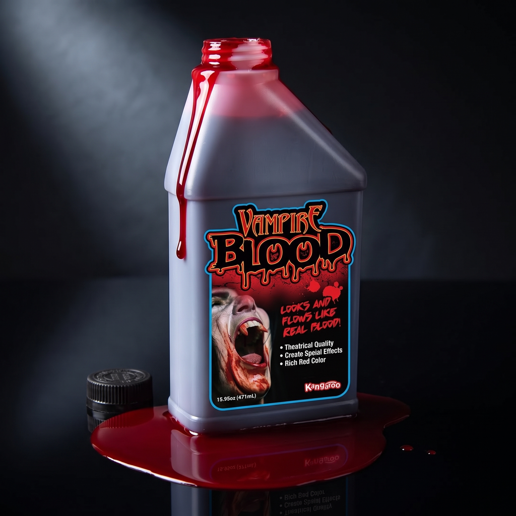 15.95 oz bottle of Halloween fake blood with red blood dripping, dramatic product shot