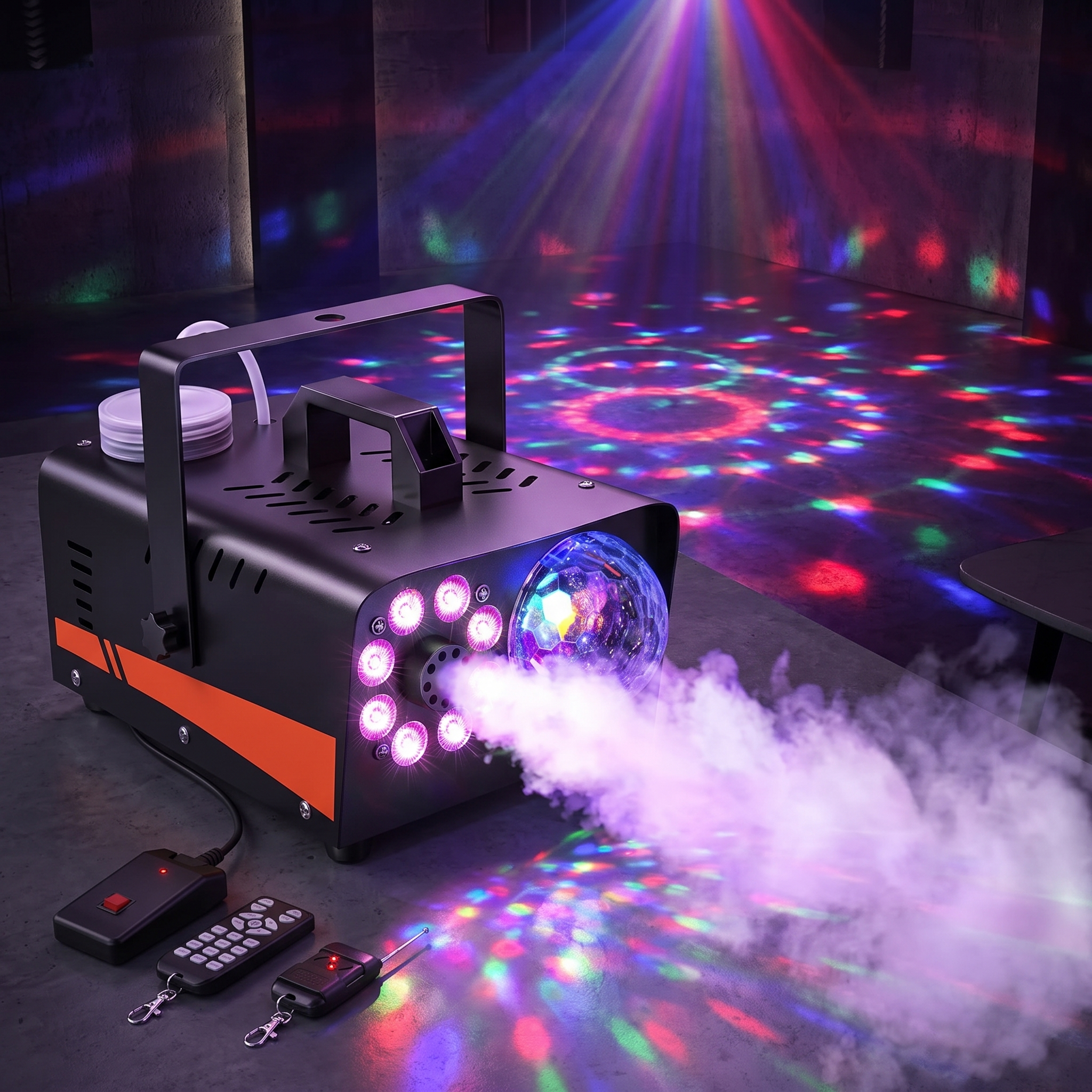 800W Halloween fog machine pumping fog with colorful disco ball RGB lights in a dark party room