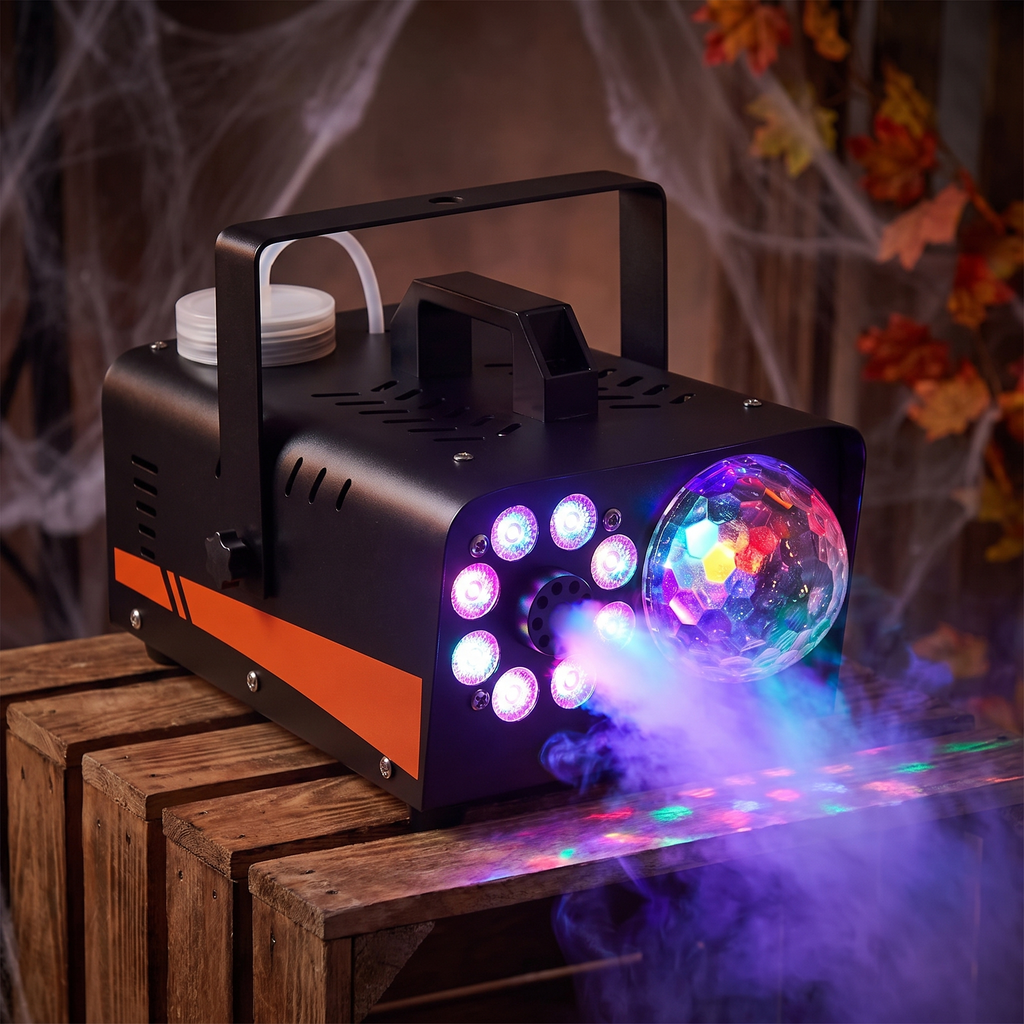 Close up of the 800W fog machine disco ball lights glowing and fog rolling out