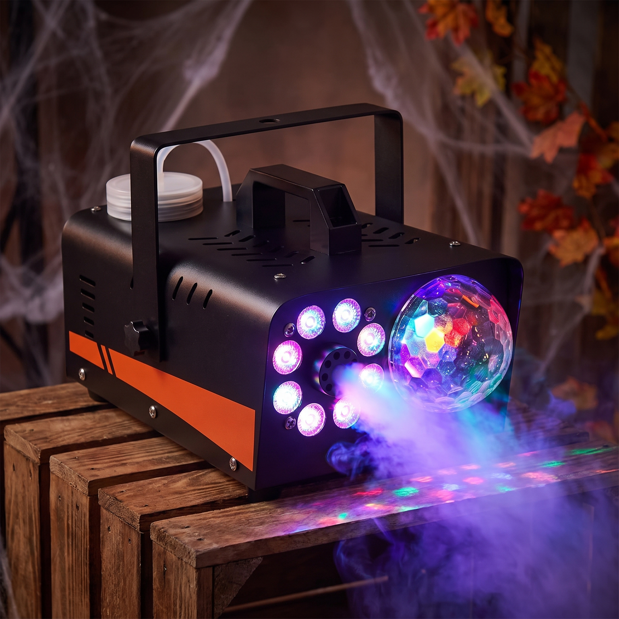 Close up of the 800W fog machine disco ball lights glowing and fog rolling out