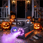800W fog machine with disco lights on a decorated Halloween porch with pumpkins