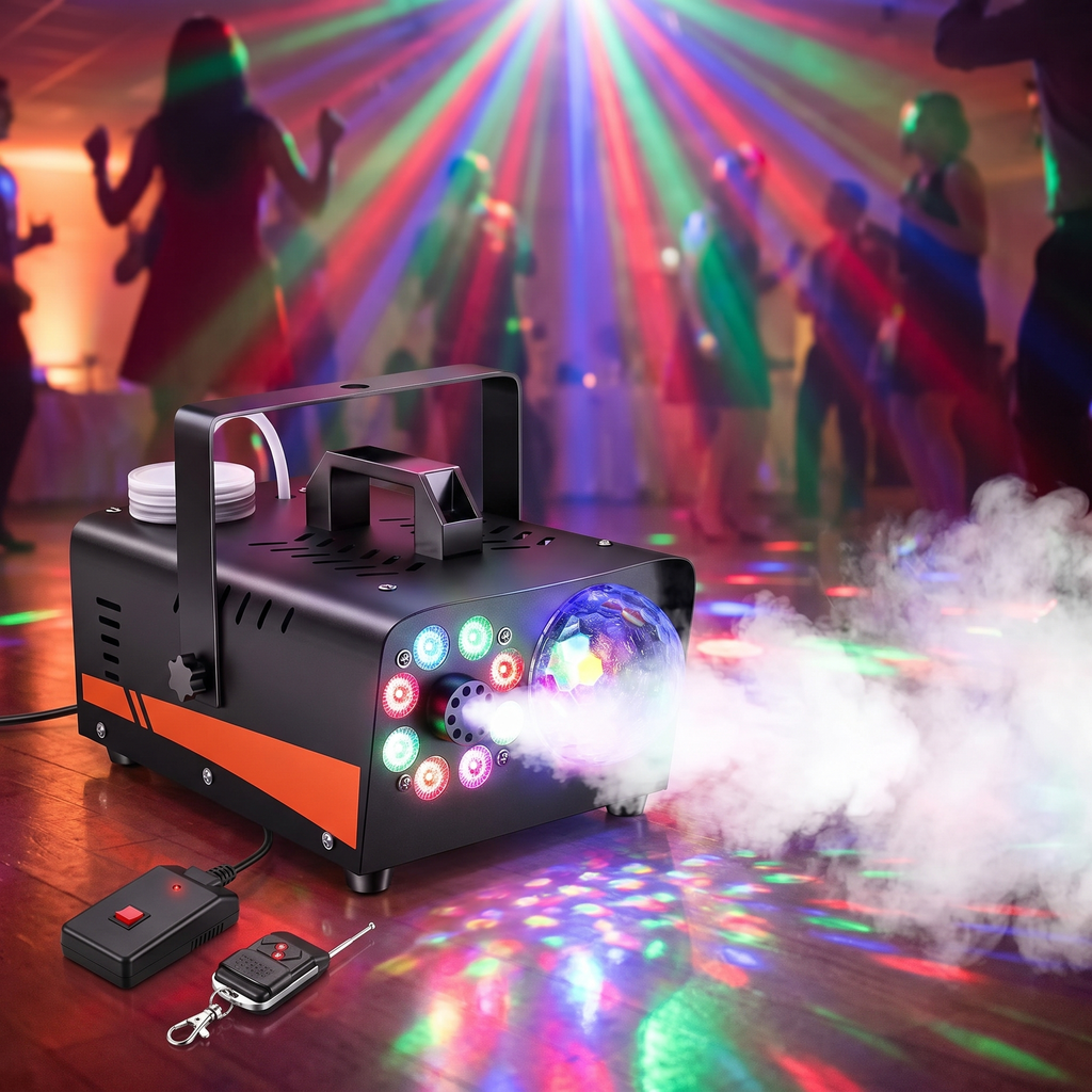 800W fog machine filling a party dancefloor with fog and colorful RGB light