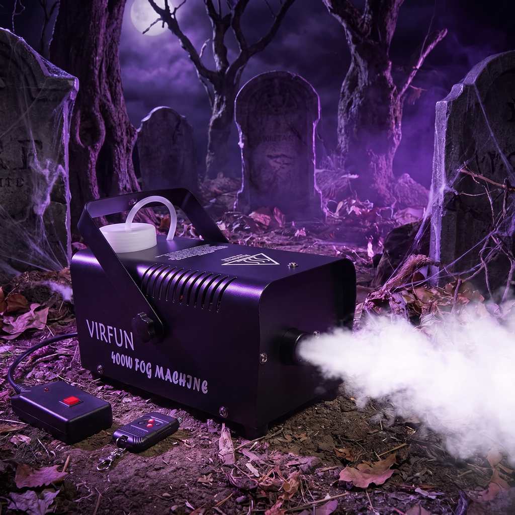 400W Halloween fog machine pumping fog across a spooky graveyard scene at night