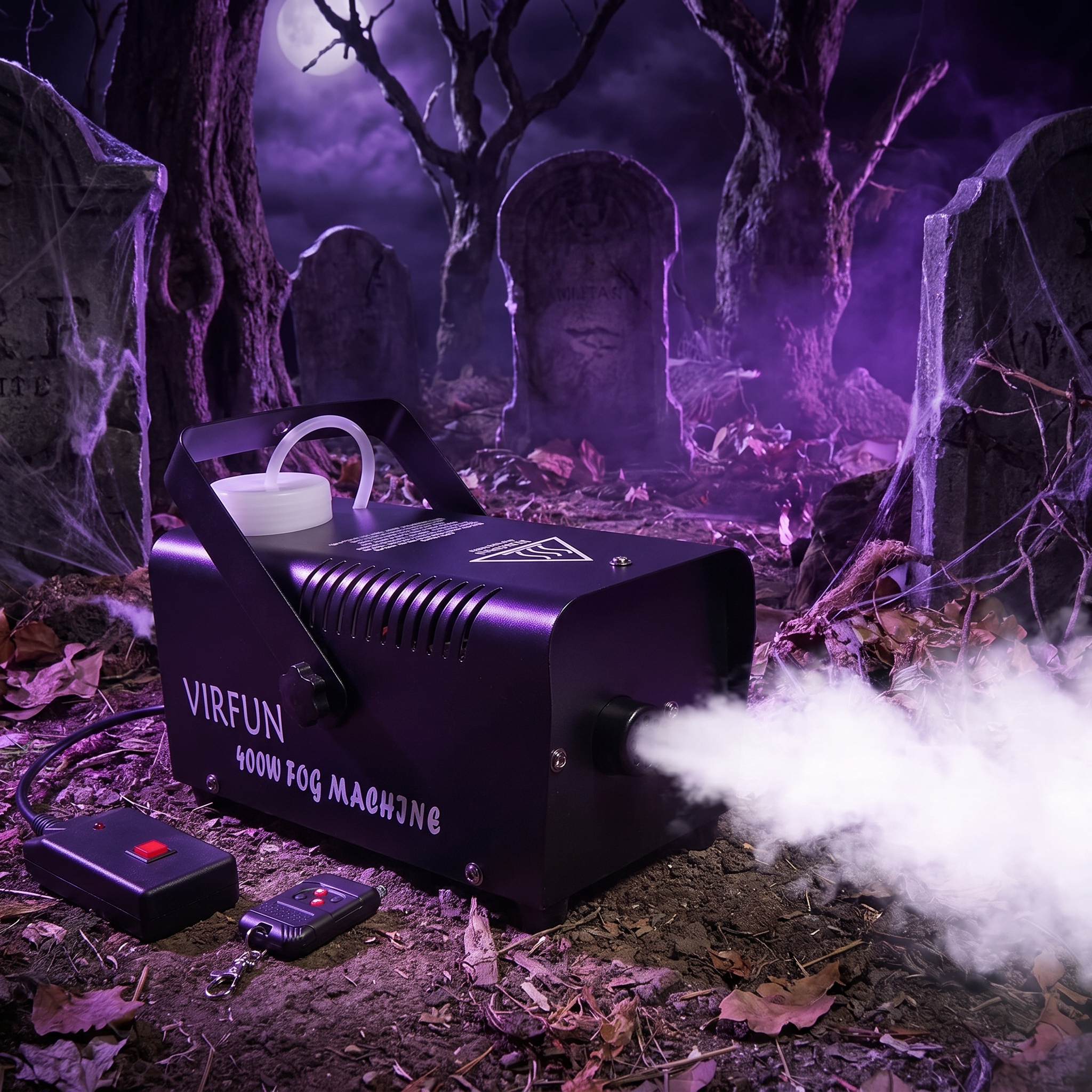 400W Halloween fog machine pumping fog across a spooky graveyard scene at night
