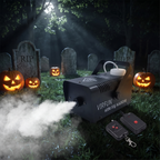 400W fog machine pumping low fog across a Halloween yard with tombstones at night